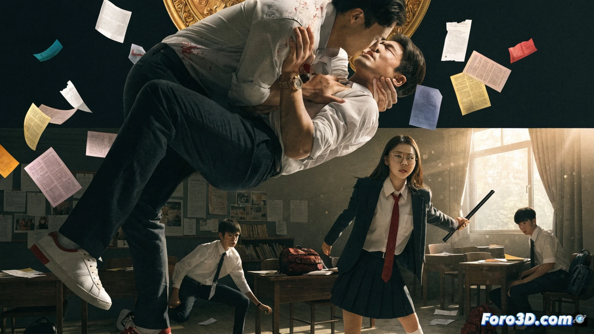 corean action team storming a corrupted high school hallway, tactical gear with digital tablets and surveillance drones, teachers in suits fighting with briefcase weapons, holographic school records floating mid-air, shattered glass and sparks from a breached server room, cinematic action scene, dramatic low-angle lighting, photorealistic technical illustration, motion blur on combatants, glowing network lines on walls, debris and paper flying during the raid, ultra-detailed urban school interior
