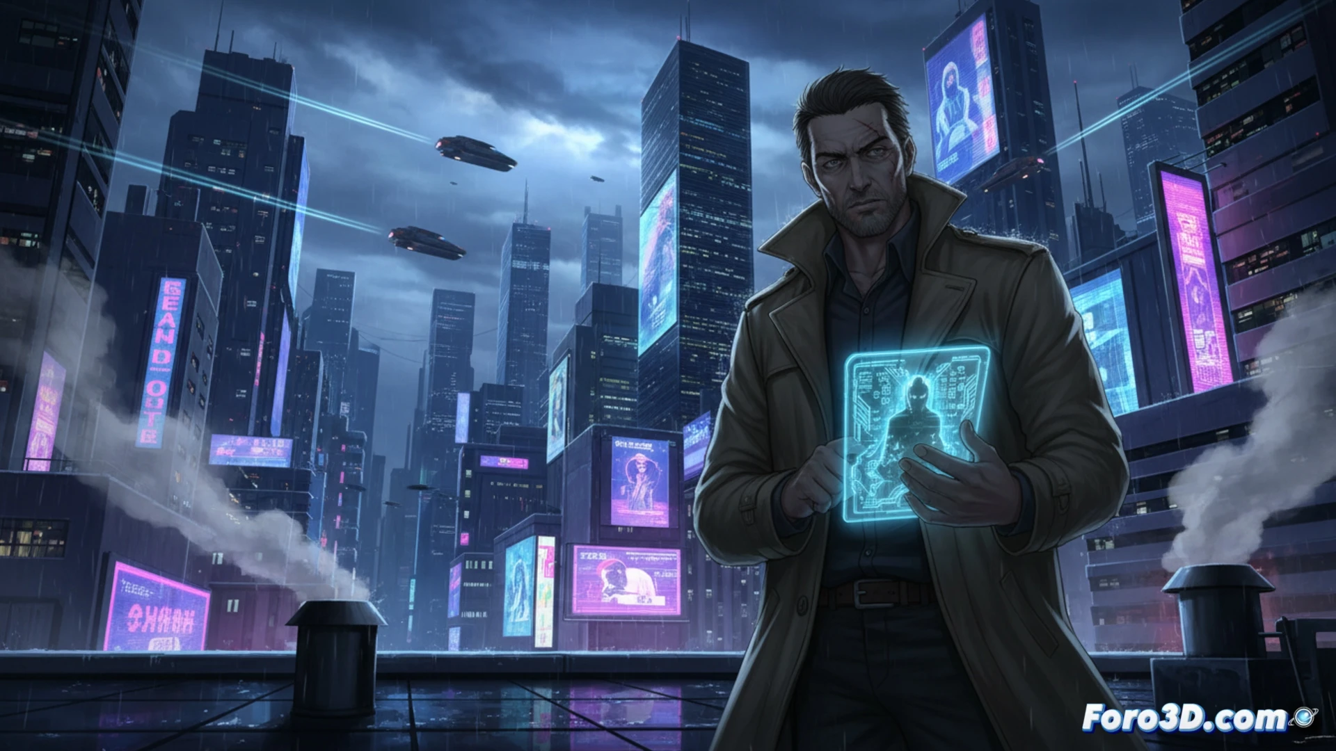 futuristic detective standing in neon-lit rain-soaked alley, cybernetic eye glowing blue while scanning holographic evidence projected from wrist device, skyscrapers with floating advertising panels in background, noir-style shadows crossing face, dark trench coat with metallic fibers reflecting city lights, cinematic thriller composition, volumetric fog between buildings, steam rising from street vents, ultra-detailed cyberpunk aesthetic, dramatic contrast between deep shadows and electric cyan highlights, photorealistic technical render