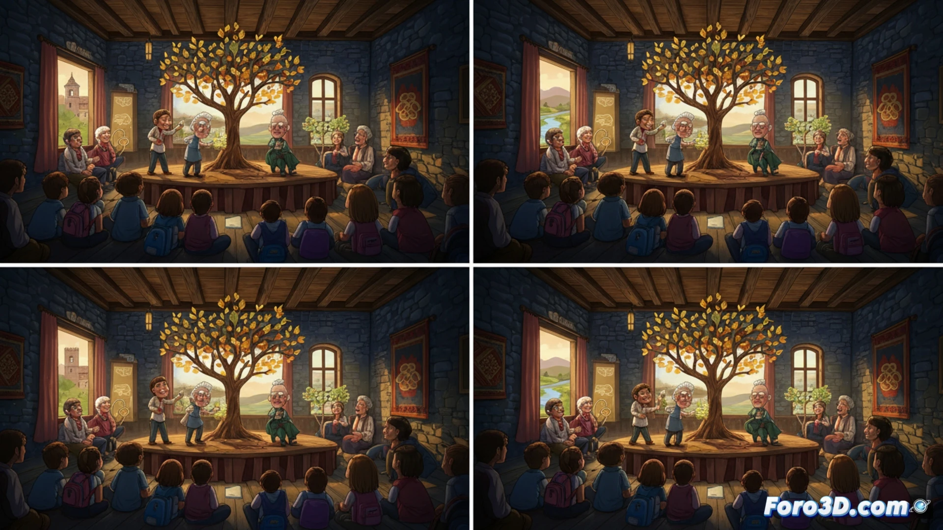 Primary school children sitting on a classroom floor watching a live theatre performance, an elderly actor and a young girl character holding hands while floating paper birds rise between them, wooden stage with simple props, teacher standing at the side holding a discussion guide, warm sunlight from windows, photorealistic cinematic style, soft focus on audience faces showing empathy and attention, intimate community hall setting, natural lighting, emotional connection visible during the intergenerational scene, no text or numbers visible