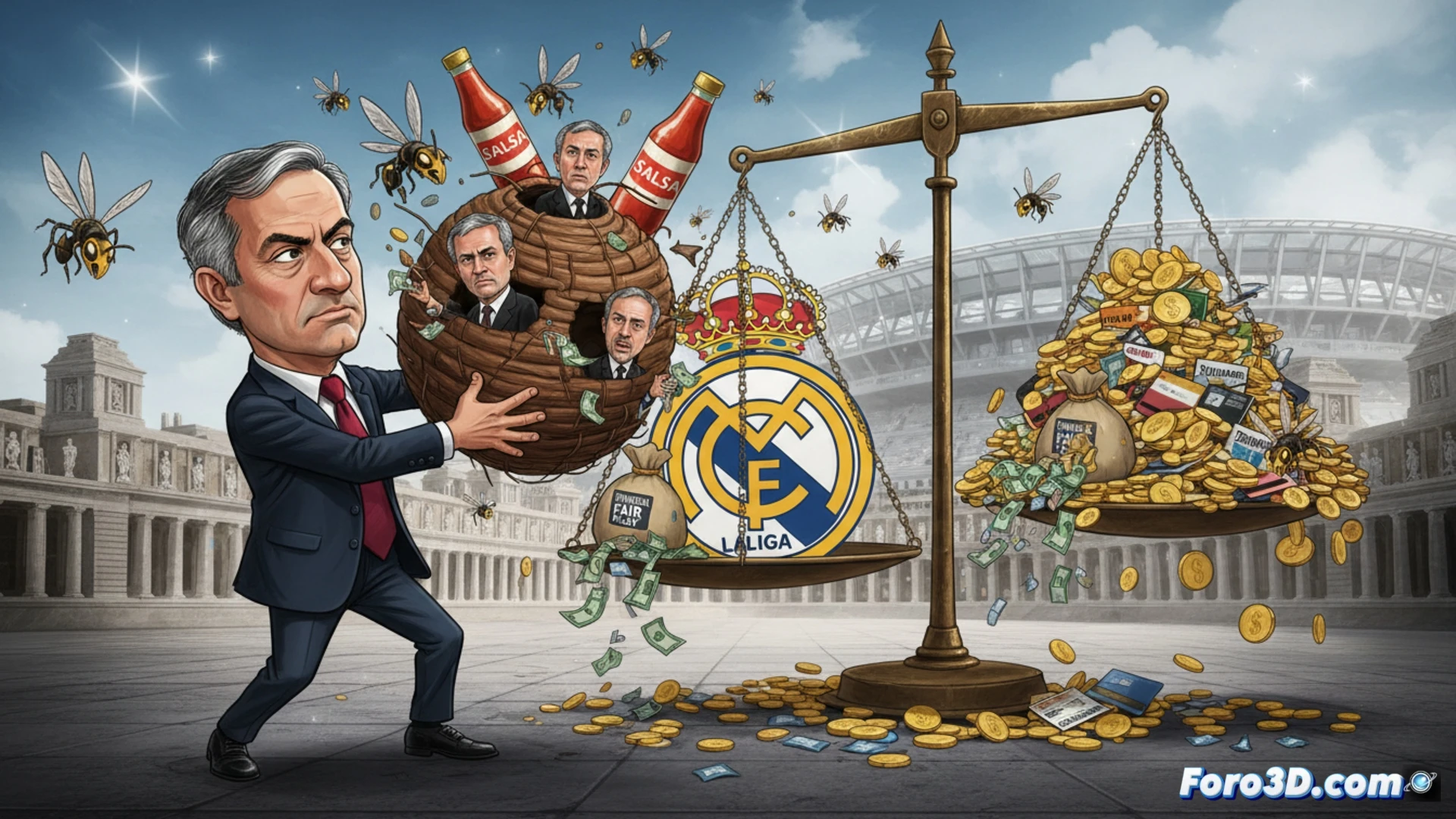 high-angle shot of a football stadium pitch transformed into a financial chessboard, oversized LaLiga logo glowing on the center circle, a puppet string tied to a golden trophy being pulled by a hand wearing a Mourinho-style black coat, while a calculator and a broken budget spreadsheet lie on the sideline, scattered euro coins melting into a puddle shaped like a teardrop, cinematic technical illustration, dramatic chiaroscuro lighting, photorealistic render, hyper-detailed textures, metallic and plastic reflections, tense atmosphere with smoke and red warning lights