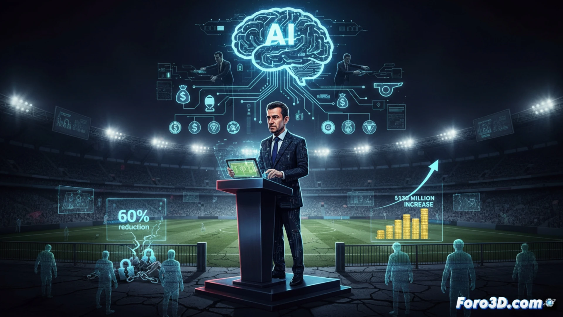 Estadio de fútbol vacío al atardecer, un gran panel digital muestra un diagrama de red neuronal con nodos brillantes conectados, mientras un brazo robótico sostiene un silbato de arbitraje frente a una cámara de vigilancia. En primer plano, un monitor de software de análisis deportivo muestra gráficos de barras y líneas de datos de rendimiento, con un engranaje metálico girando sobre el teclado. Estilo cinematográfico y técnico, iluminación fría de neón azul y rojo, sombras alargadas, textura de plástico y metal, photorealistic engineering visualization.