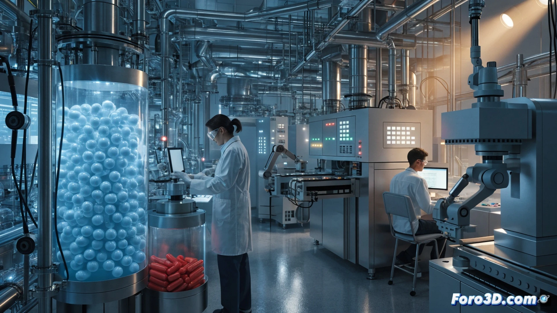 Farmacéutico hospitalario y técnico trabajando juntos junto a una estación de dispensación automatizada, técnico escaneando un código de barras en un blister de medicamento mientras el farmacéutico revisa una receta electrónica en una tableta, pantalla mostrando iconos de verificación de dosis y alertas de interacción, fondo con estanterías metálicas de almacenaje y carros de distribución, luz blanca fría de hospital, fotorealismo técnico, acción colaborativa durante el proceso de validación y dispensación, superficies limpias y ordenadas, bata blanca y uniforme azul, precisión quirúrgica en los gestos