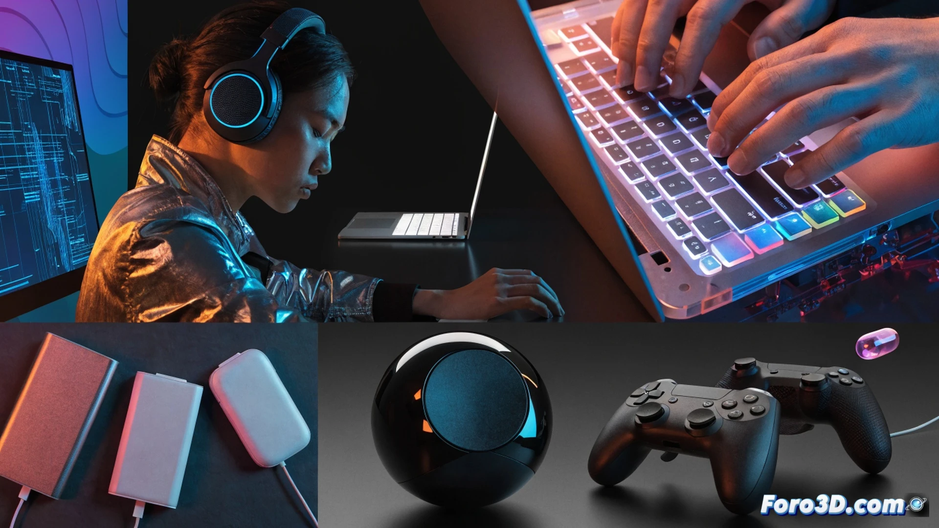 modern workspace merging with casual living space, professional laptop open on desk showing split-screen productivity dashboard and game interface, wireless noise-cancelling headphones resting on user’s head while they type, high-capacity power bank connected to both laptop and smartphone, ergonomic desk lamp casting warm light, coffee mug and gaming controller beside keyboard, photorealistic interior scene with soft natural light from window, demonstrating seamless transition between work and leisure, cinematic composition with shallow depth of field, sleek metallic and matte black gadget finishes, technical product photography style