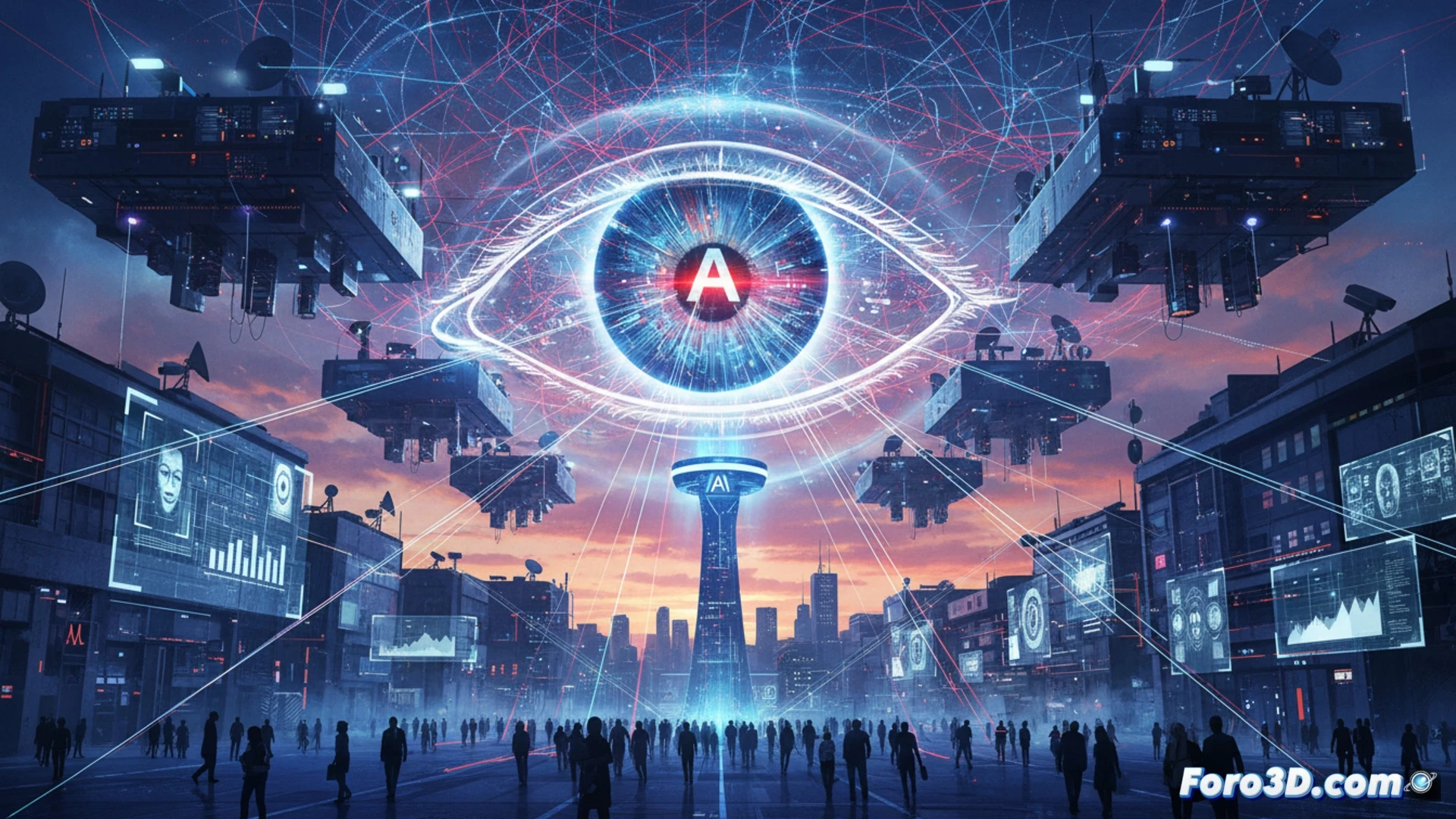 Photorealistic cinematic scene of a human silhouette standing in a glass-walled control room, surrounded by floating holographic interface panels displaying facial recognition grids, social credit scores, and behavioral prediction graphs. Multiple surveillance cameras with glowing red lenses track the person from ceiling corners. A transparent digital wall showing real-time data streams of location history, purchase logs, and communication metadata. Cold blue and harsh red neon lighting. Ultra-detailed hardware: server racks, network cables, processor units. Dust particles in light beams. Wide-angle lens, dramatic shadows, dystopian atmosphere. Technical illustration style, high contrast, no text.