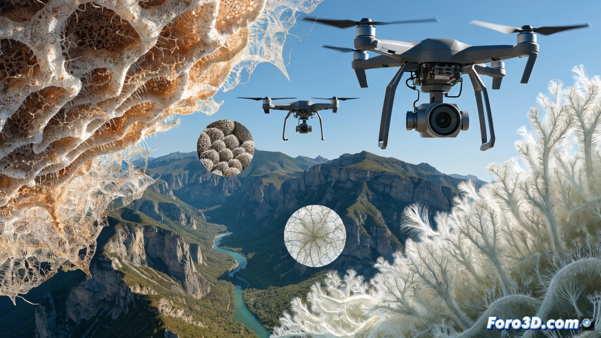 cinematic aerial drone shot above a dense forest canopy, specialized multispectral camera revealing invisible infrared plant stress patterns in glowing magenta and cyan, real-time data feed displayed on a tablet held by a field researcher below, sunlight piercing through leaves creating dramatic light rays, hyper-detailed foliage textures, engineering visualization style, drone propellers in motion blur, sensor lenses reflecting the landscape, atmospheric haze with crisp technical focus, photorealistic environmental monitoring scene