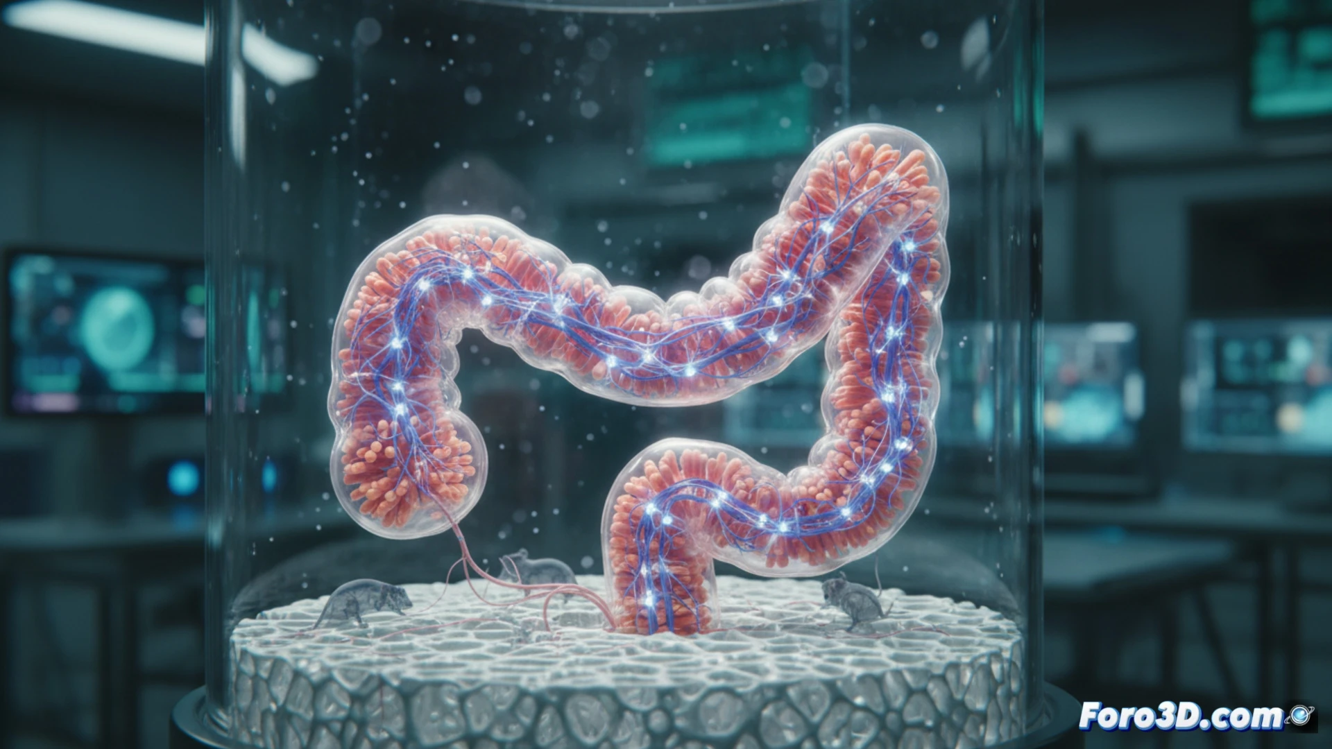 Microscopio muestra tejido intestinal cultivado en 3D con células madre y su propio sistema nervioso, trasplantado en ratas.