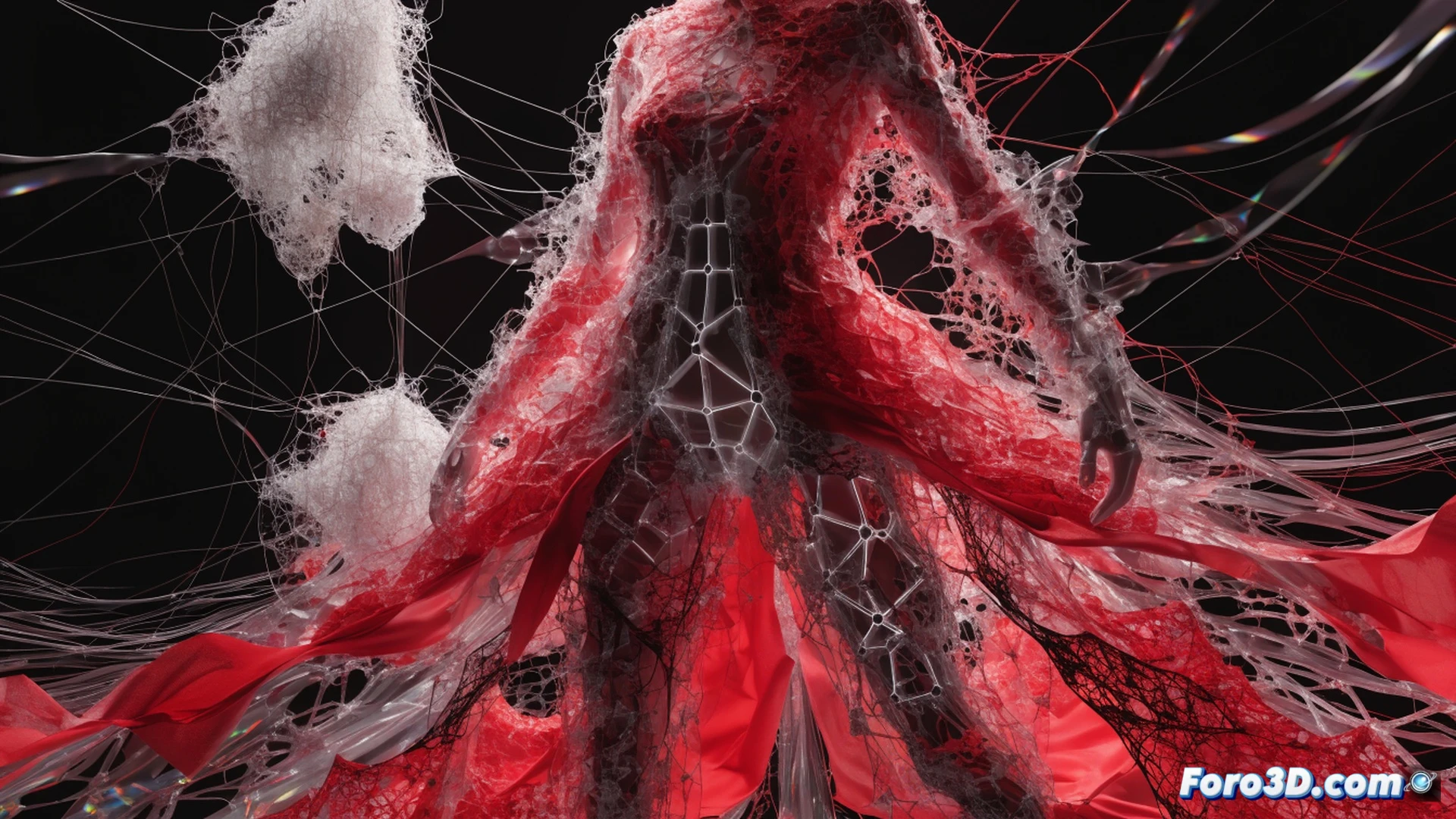 Fashion designer manipulating a holographic Blender interface, a digital dress on screen disintegrating thread by thread with predictive physics lines, real-time fiber fracture simulation visible, fabric strands unraveling in a precise geometric pattern, mannequin wearing the physical dress mid-destruction, loose threads floating in the air, cinematic engineering visualization, metallic and organic textile textures, glowing wireframe overlays on the fabric, dramatic studio lighting with blue and amber tones, photorealistic technical illustration, high detail on fiber breakage and algorithmic decay paths.
