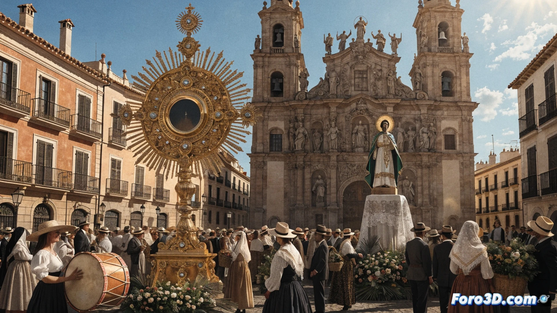 Romería-Ofrenda procesión festiva multitudinaria en calle adoquinada de Telde, vecinos vestidos con trajes típicos canarios cargando cestas de mimbre con frutas y flores, banda de música folclórica tocando timples y tambores, estandartes religiosos dorados ondeando al viento, fachadas de casas coloniales decoradas con toldos rojos y amarillos, niños corriendo mientras adultos sonríen y aplauden, carreta de madera tirada por bueyes mostrando ofrendas de pan y vino, luz cálida de atardecer creando sombras alargadas, estilo cinematográfico fotorrealista, alta definición, texturas detalladas de piedra y madera, ambiente festivo y devocional.