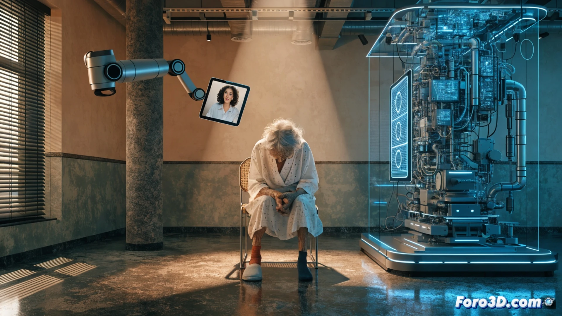 Elderly person in a dimly lit apartment, 70 years old, reaching for a fallen medication bottle alone on the floor, a disconnected emergency button on the table, calendar on wall showing 2027 crossed out in red, technical diagram of teleassistance network fading into broken lines around the room, photorealistic engineering visualization, cold blue fluorescent light from a computer monitor showing government announcement page, dust particles in air, worn-out furniture, dramatic shadow from a window casting a clock shape on floor, ultra-detailed textures, cinematic documentary style