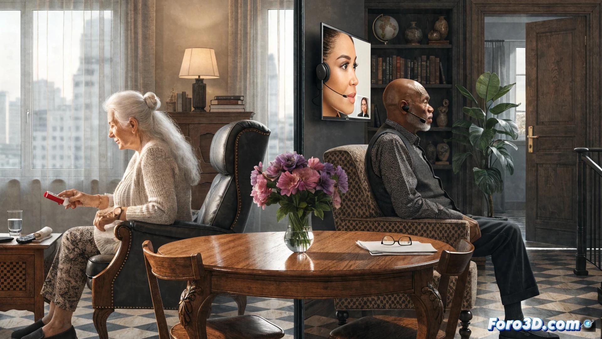 An elderly hand pressing a red emergency button on a modern teleassistance pendant, device emitting a glowing blue signal pulse, wristwatch-style transmitter with LED indicator activating, home interior with safety grab bars in background, photorealistic cinematic still, dramatic warm lighting from a nearby lamp, elderly person looking relieved while sitting in an armchair, smartphone on table showing family alert notification, technical product detail on the pendant casing, soft depth of field, high-contrast industrial design aesthetic, ultra-detailed plastic texture and metallic button surface