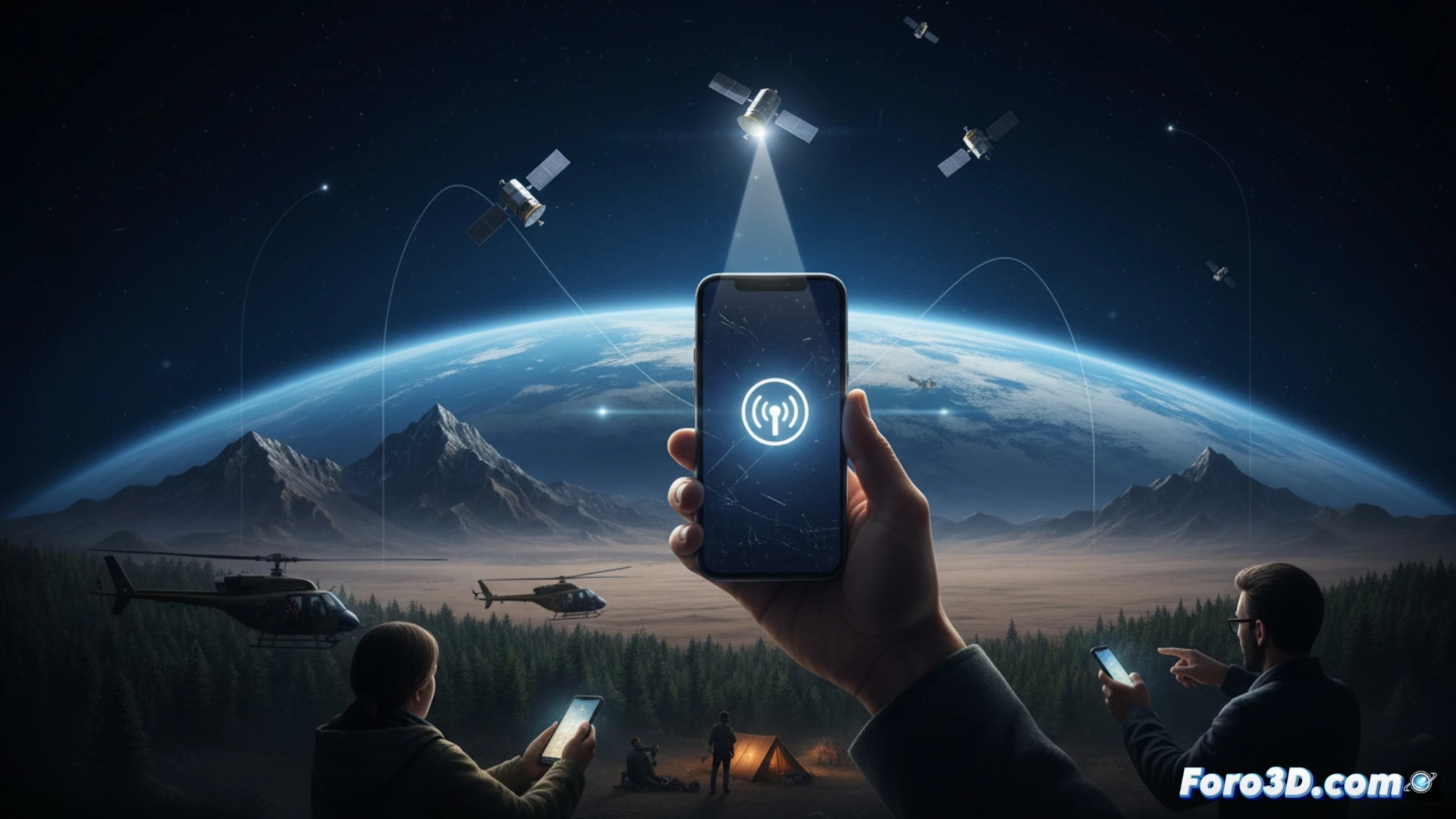 Un móvil común envía señal directa a un satélite en órbita baja, sin antenas extra, sobre fondo de paisaje remoto.