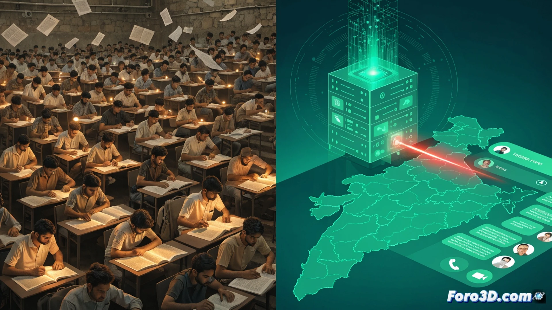photorealistic cinematic scene, Indian courtroom interior, large holographic display showing Telegram app interface with red blocked symbol, 150 million user silhouettes fading into digital static, NEET exam papers scattered on a desk, a student gripping a smartphone with cracked screen showing error message, lawyers pointing at the hologram, judge's gavel mid-slam, digital padlock icons floating over medical college admission documents, dramatic chiaroscuro lighting, deep shadows, blue and orange color contrast, ultra-detailed textures on legal files and electronic devices, technical illustration style