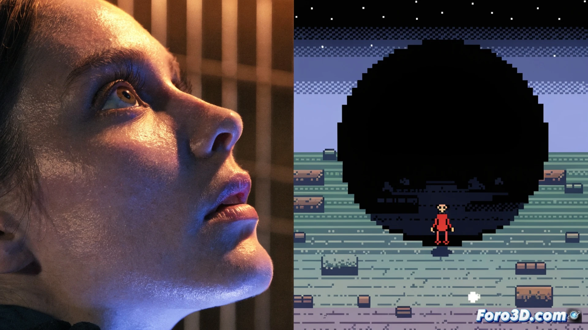 Pixel art character standing on a CRT monitor screen, live-action actor hand reaching through the glass into the retro pixel world, 8-bit sprites dissolving into high-definition FMV footage fragments, gameplay controller cables merging with cinematic lighting, surreal contrast between blocky pixels and photorealistic skin texture, dreamlike atmosphere with smoke and neon glow, technical illustration style, split composition showing retro gaming hardware and modern camera equipment, dramatic chiaroscuro lighting, ultra-detailed texture transition from digital to organic