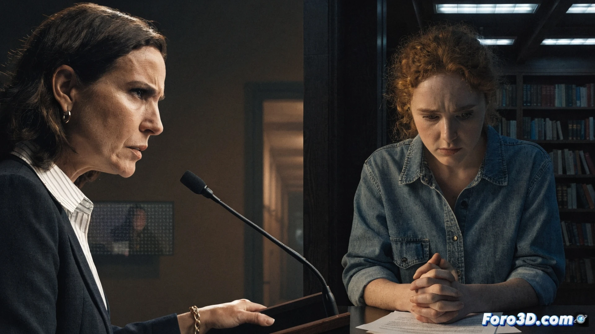photorealistic cinematic scene of a tense political office interior, a female party spokesperson gesturing firmly while holding a legal document folder, a former female employee standing apart with a distressed expression near a desk with scattered papers and a laptop, a judge gavel placed on a stack of financial reports suggesting pending legal action, a blurred background showing a party logo on a wall and a clock indicating deadline pressure, dramatic overhead lighting casting long shadows, cold blue and grey color palette emphasizing institutional tension, ultra-detailed textures on wood furniture and paper documents, technical illustration style for political journalism