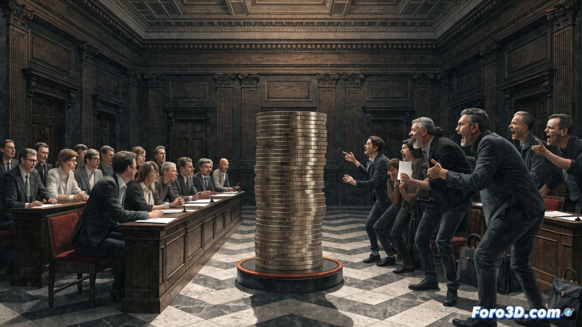 German Bundestag chamber interior, twenty-three parliament members from Die Linke faction standing in a tense semicircle, holding printed salary cap documents with crossed-out numbers, one member pointing at a capitalist economic graph displayed on a holographic screen, others gesturing toward a red redistributive arrow piercing through a pile of public office money, dramatic chiaroscuro lighting, photorealistic political visualization, polished wood benches, German flag in background, medium shot, serious facial expressions, high-contrast shadows, 8K cinematic render