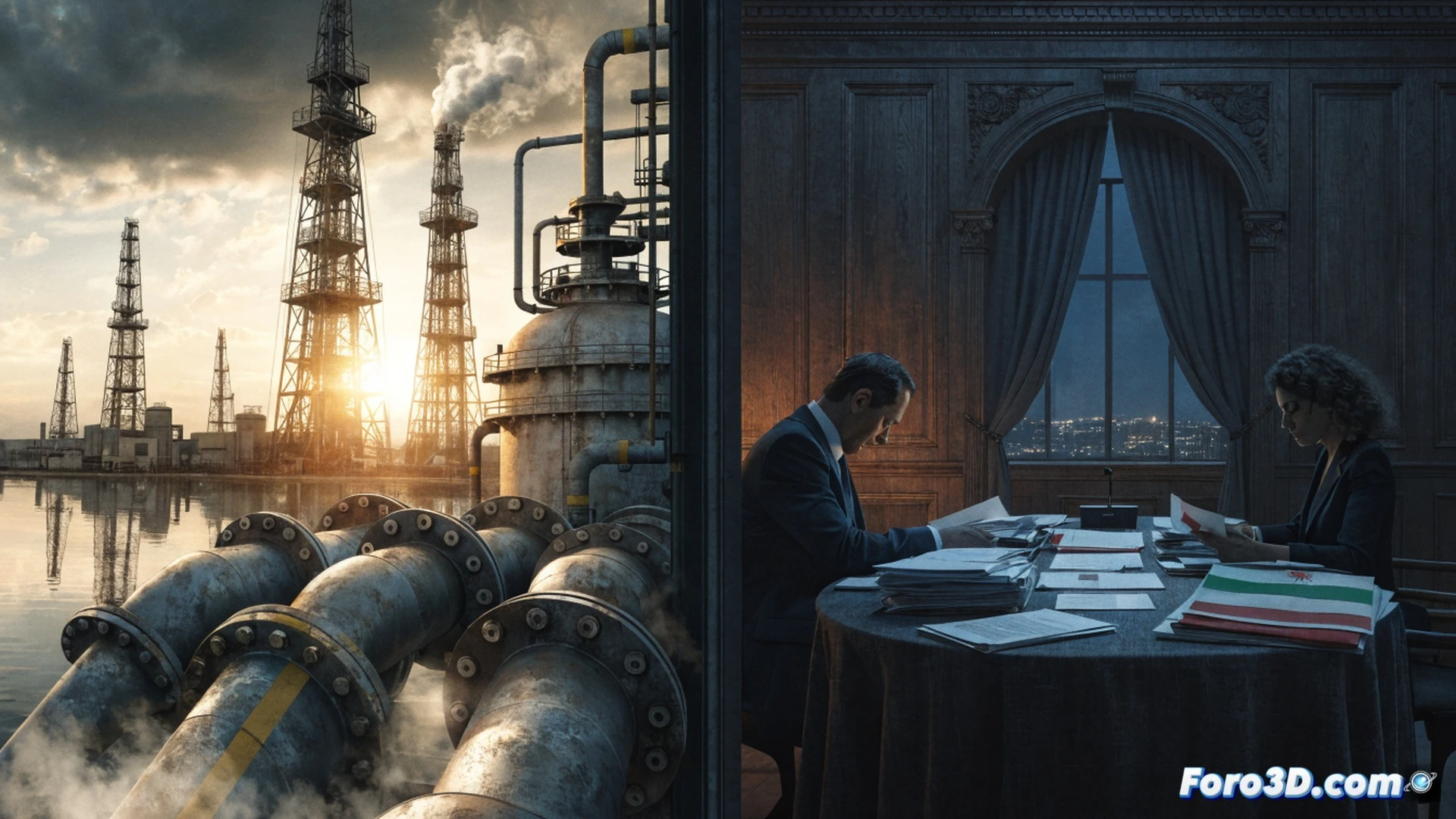 crude oil pipeline rupturing near a Swiss diplomatic building, barrel-shaped pressure valves shaking violently during a seismic event, fractured steel pipe spraying dark crude oil onto a broken negotiation table, documents with cancelled peace agreement seals scattering in the wind, military drones hovering over Lebanese hills in background, oil price ticker showing red downward spikes on a cracked digital screen, cinematic photorealistic technical illustration, dramatic orange and black industrial lighting, turbulent oil splashes frozen mid-air, hyper-detailed metal corrosion and weld seams, high-contrast shadows emphasizing geopolitical tension