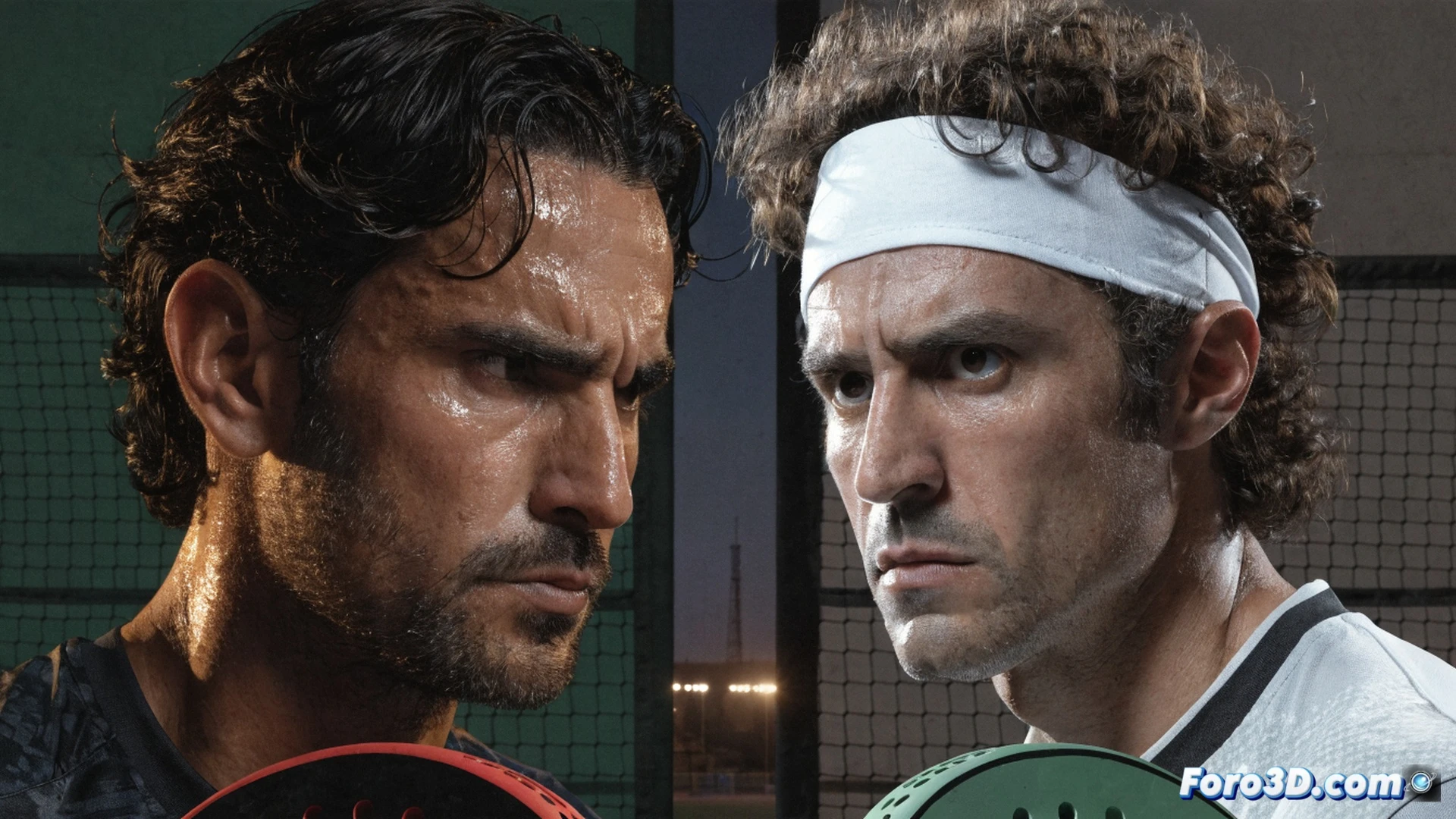 two professional padel players facing away from each other on a court, one adjusting a racket grip with tension in shoulders, the other staring at the ground while holding a ball, broken racket string visible in foreground, court floor marked with scuff lines separating them, empty stands in background, cold overhead stadium lighting casting long shadows, cinematic photorealistic style, dramatic contrast between illuminated court and dark edges, sweat droplets frozen mid-air, intense emotional atmosphere, technical sports photography aesthetic, ultra-detailed textures of racket mesh and court surface