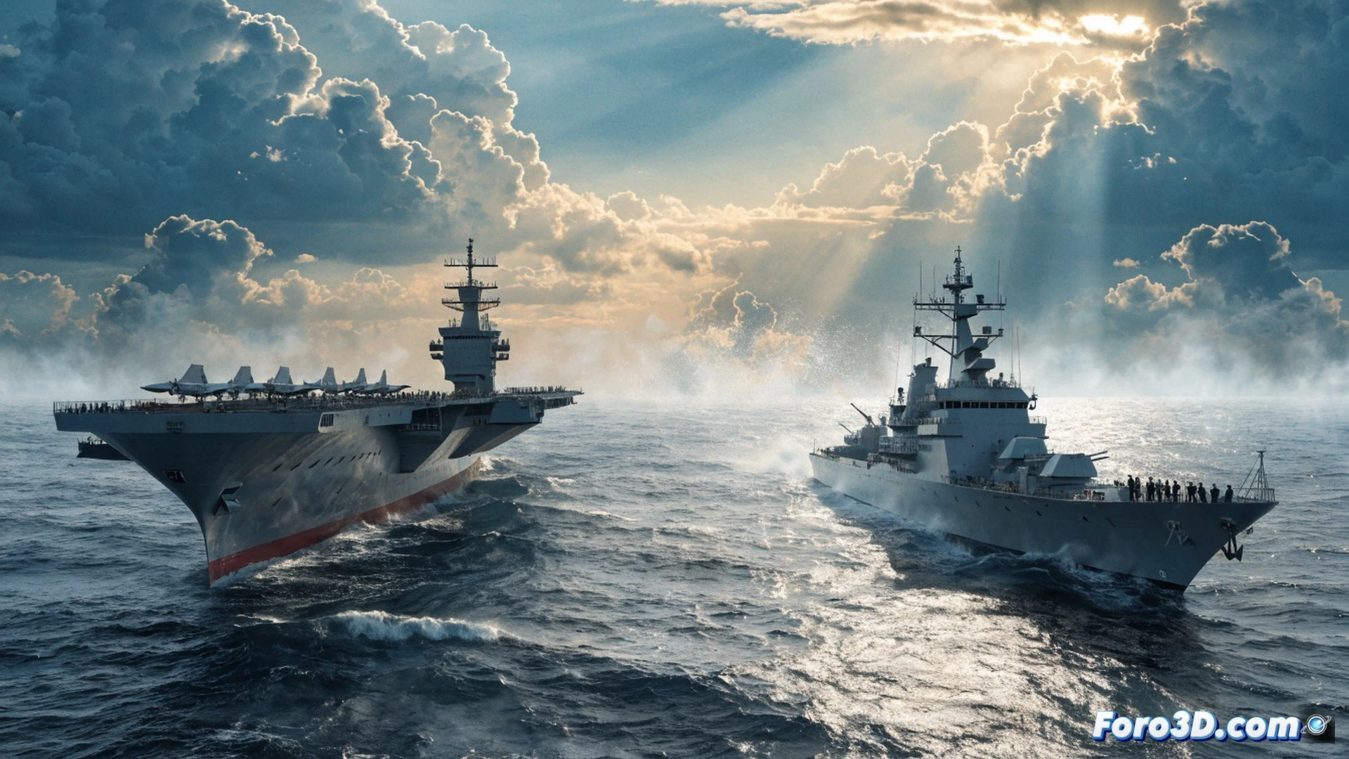 Chinese aircraft carrier Liaoning navigating through rough Pacific waters, Japanese naval reconnaissance ship approaching aggressively at close distance, wake turbulence churning between vessels, radar dishes rotating on both ships, naval anti-aircraft missile launchers visible on Liaoning deck, electronic warfare antennas emitting pulsed signals, photorealistic cinematic visualization, overcast sky with dramatic storm clouds, dark blue ocean with whitecaps, wide-angle perspective showing tense naval confrontation, ultra-detailed warship hulls and deck equipment, realistic maritime lighting with metallic reflections, technical military illustration style