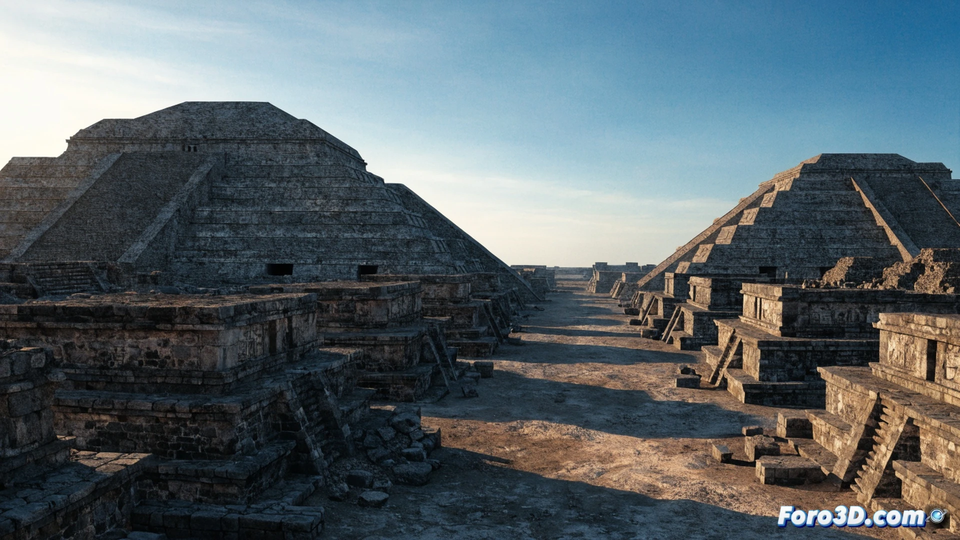 Aerial view of Teotihuacan at dawn, massive Pyramid of the Sun glowing in golden light, archaeologists using ground-penetrating radar and laser scanners on the central Avenue of the Dead, surveyors marking hidden underground chambers with red flags, dust rising from excavation trenches revealing buried obsidian tools and ceramic fragments, cinematic photorealistic archaeological visualization, dramatic low-angle sunlight casting long pyramid shadows, detailed stone masonry textures, mist hovering over the valley, technical equipment with glowing displays, hyper-realistic ancient urban layout
