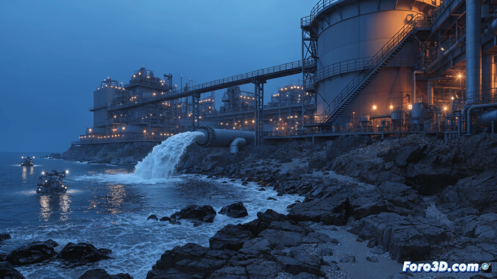 industrial water discharge pipeline at Fukushima Daiichi nuclear plant, treated water flowing through large metallic filtration tanks into ocean, engineers in protective gear monitoring digital control panels showing tritium levels, coastal facility with multiple storage tanks and processing units, ocean waves mixing with discharged water near underwater outlet pipe, cinematic engineering visualization, realistic lighting with overcast sky, metallic reflections on pipes and valves, precise technical details of water treatment system, photorealistic industrial render