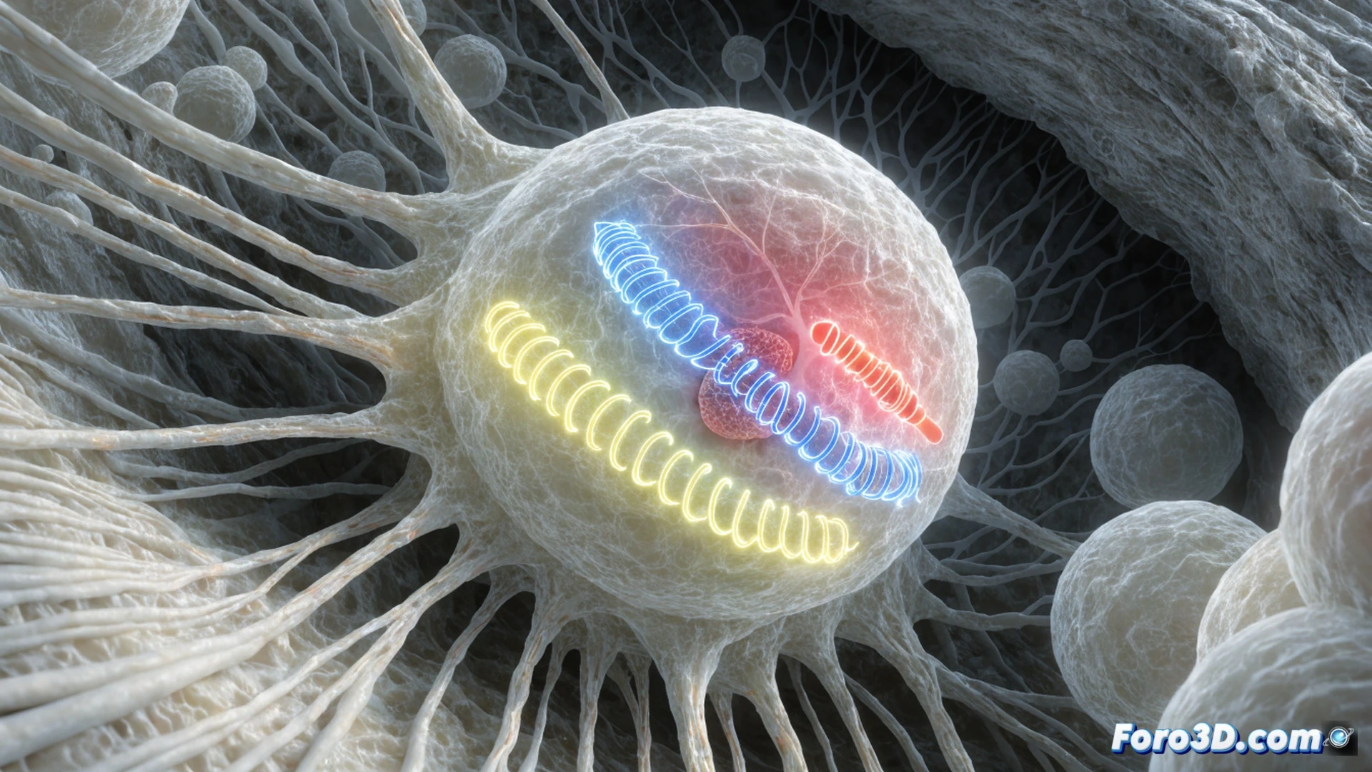 Close-up macro shot of a human eye during a gene therapy procedure, a microscopic needle injecting glowing blue fluid into the optic nerve head, DNA helix strands visibly wrapping around damaged nerve cells, cellular rejuvenation process shown as golden sparks repairing neural fibers, ophthalmologist’s gloved hand holding an injection device with digital screen displaying real-time genetic activation data, high-tech surgical microscope with holographic overlay showing three active gene sequences, sterile clinical environment with soft blue LED lighting, cinematic photorealistic medical illustration style, ultra-detailed textures of retinal tissue and vitreous humor, dramatic volumetric light rays from the microscope, hyper-realistic medical visualization