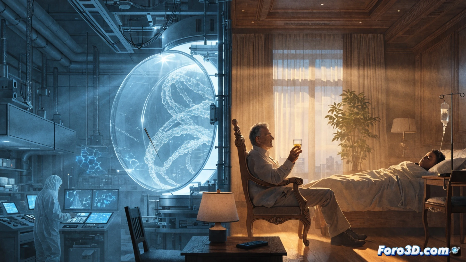 high-end private jet interior converted into illegal gene therapy lab, wealthy patient reclining in leather seat while unlabeled syringes filled with glowing blue liquid are prepared by a doctor in casual clothes, laptop showing unverified DNA sequence data on screen, medical monitoring equipment with warning lights, sterile white surfaces contrasting with luxury wood paneling, security guard visible through cabin window, cinematic photorealistic render, cold blue and gold lighting, sharp shadows, clinical atmosphere mixed with opulence, ultra-detailed textures on medical vials and leather upholstery