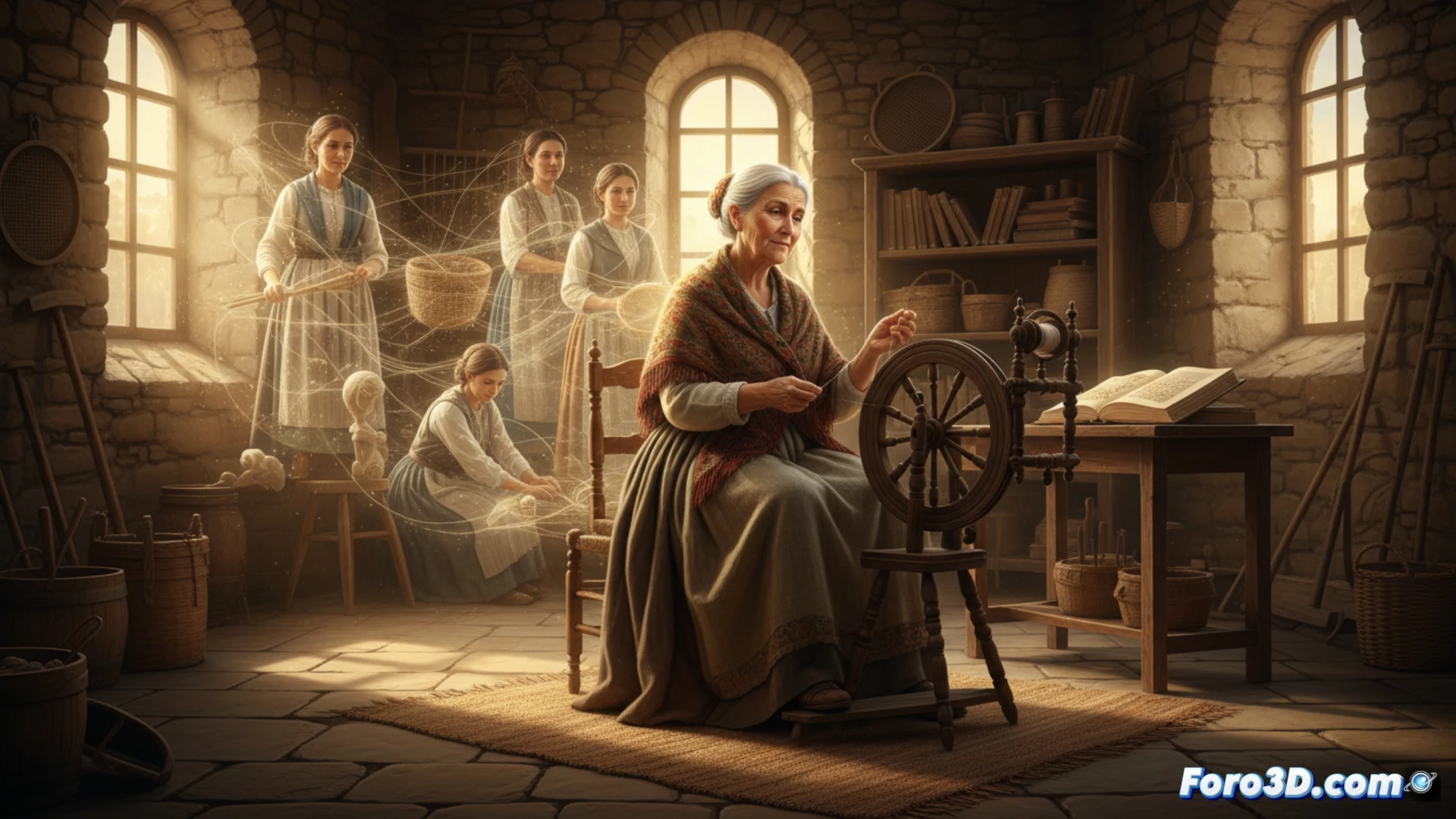 Mujer mayor sentada en un banco de madera hilando lana con una rueca tradicional, manos arrugadas moviendo la fibra con destreza, fondo de campo abierto con hierba seca y un horizonte dorado al atardecer, junto a ella una mesa de madera con un libro abierto, herramientas de costura y un telar manual, luz cálida de sol filtrándose entre nubes, polvo flotando en rayos de luz, estilo cinematográfico realista, texturas de lana y madera muy detalladas, atmósfera nostálgica y serena, enfoque suave en las manos mientras hilan, photorealistic rural scene