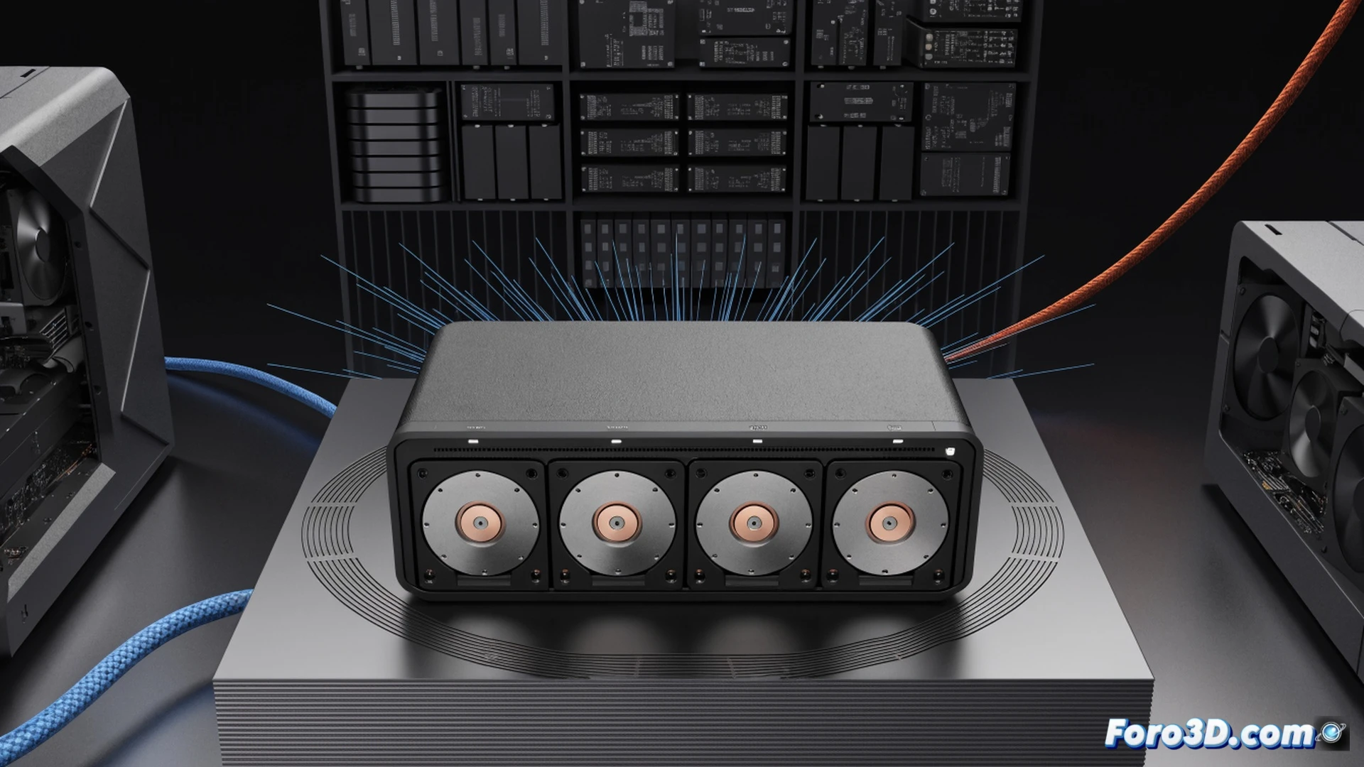 TerraMaster F4-425 Pro NAS de cuatro bahías sobre un escritorio de madera, con un usuario conectando un cable Ethernet mientras una interfaz de gestión de archivos se proyecta como holograma translúcido sobre el dispositivo, mostrando fotos, videos y documentos sincronizándose sin conexión a la nube, luces LED azules parpadeando en el panel frontal durante la transferencia de datos, discos duros visibles parcialmente extraídos de una bahía, fondo con router y cableado ordenado, estilo photorealistic technical illustration, iluminación suave de estudio, reflejos metálicos en la carcasa, sombras nítidas, detalles de ventilación y puertos USB y HDMI
