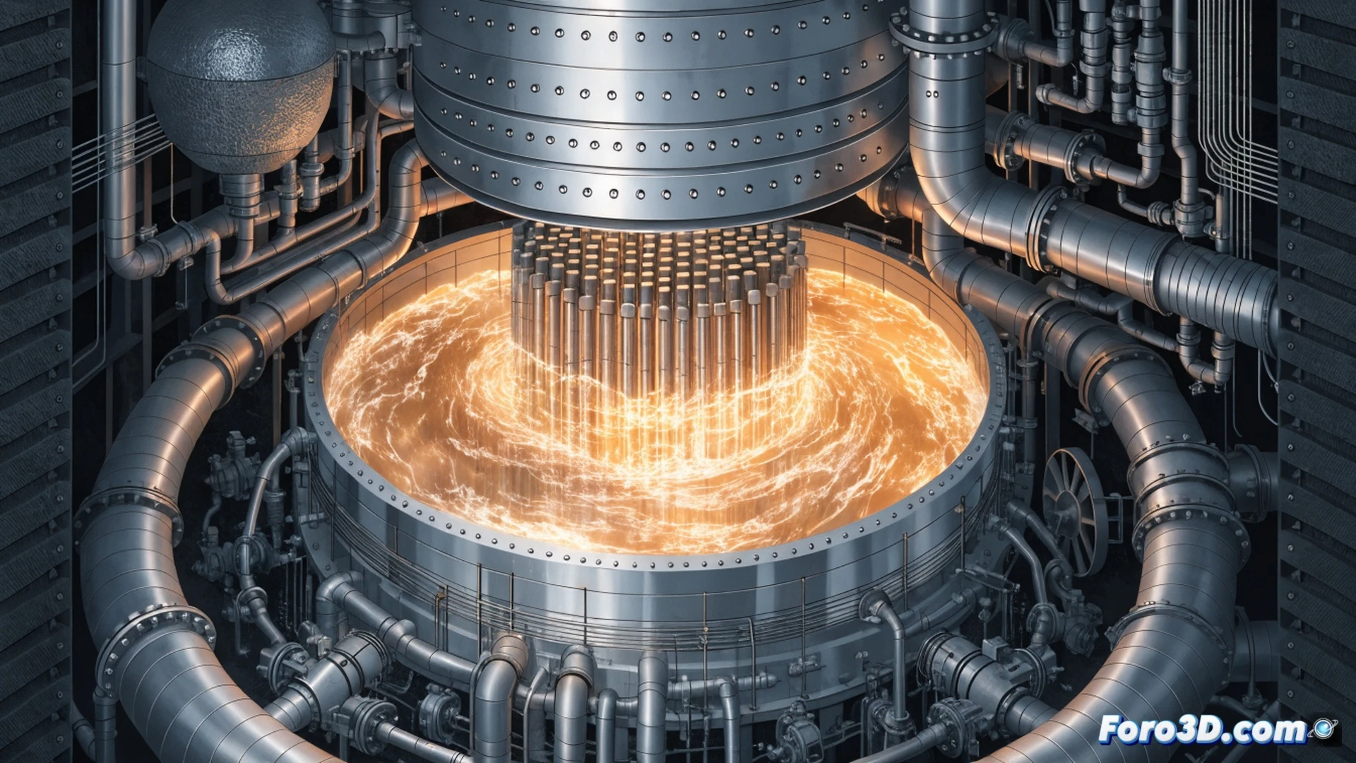 Sodium-cooled nuclear reactor core cross-section, liquid sodium flowing through bright metallic heat exchanger tubes at low pressure, reactor vessel glowing with blue Cherenkov radiation, control rods partially inserted, passive safety systems demonstrated, cinematic engineering visualization, polished stainless steel surfaces reflecting warm amber light, sodium vapor rising in transparent sections, ultra-detailed mechanical components, photorealistic technical illustration, industrial safety lighting, dynamic fluid simulation showing sodium circulation paths