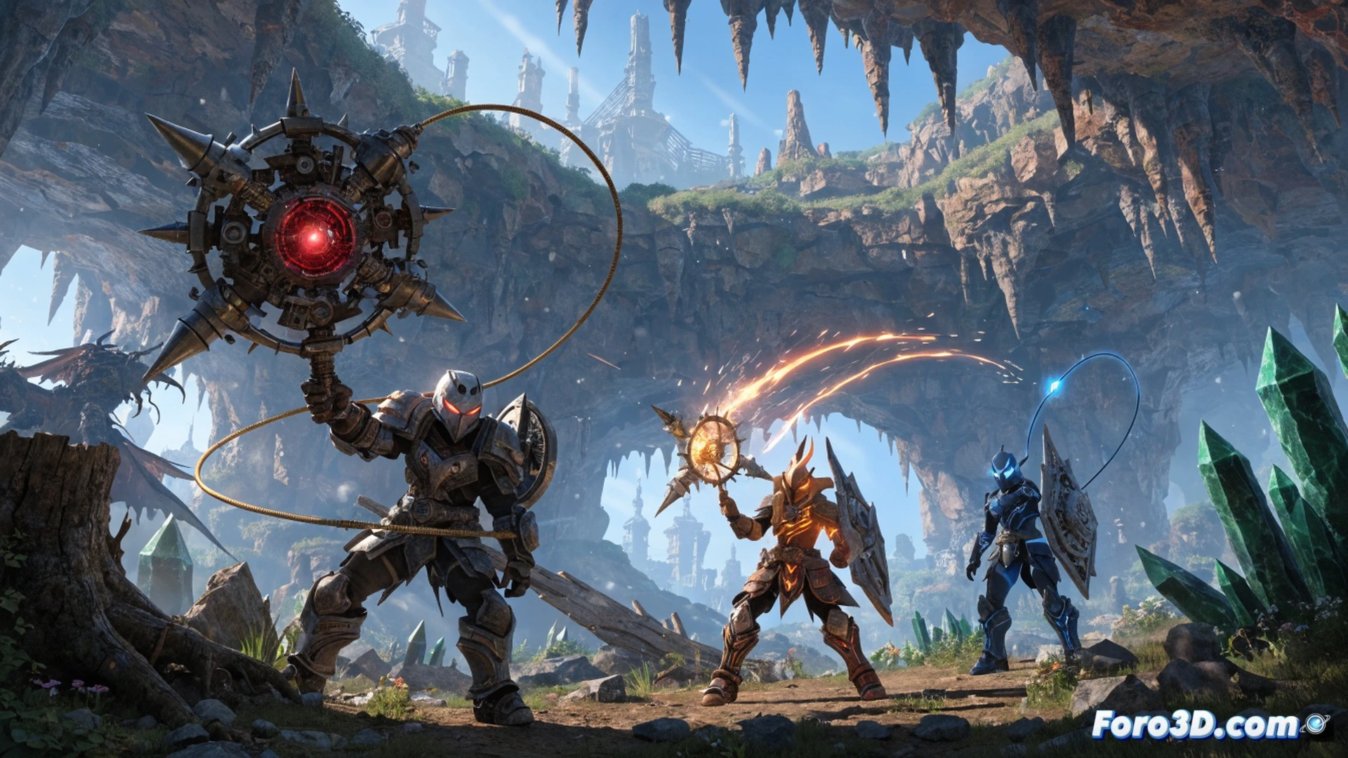 Terraria pixel-art scene showing a player character mid-combat wielding a glowing yoyo with extended string wrapping around a floating slime enemy, multiple yoyos of different colors orbiting the character, background showing rebalanced weapon classes with swords and bows emitting particle effects, cross-platform symbols faintly glowing in the corner, cinematic game engine visualization, dramatic action pose, motion blur on yoyo string, dynamic lighting from magical weapon trails, vibrant blocky terrain with underground cave elements, ultra-detailed pixel textures, technical illustration style