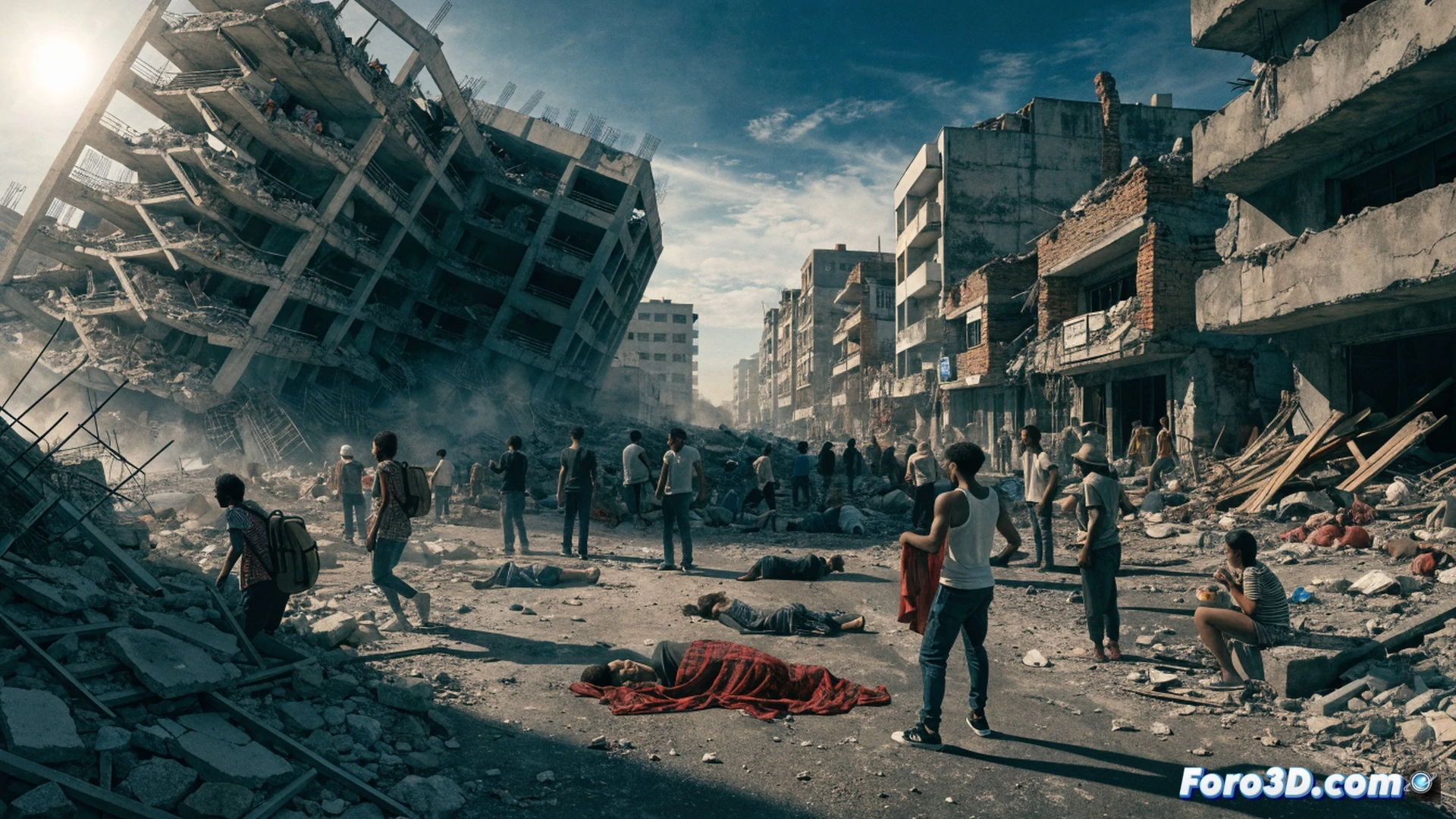 collapsed concrete building rubble pile in northern Venezuela, rescue workers in orange suits pulling debris with crowbars, decomposing bodies partially visible under broken slabs, scavenger dogs sniffing near scattered medical waste, emergency tents with Red Cross flags in background, bright tropical sun casting harsh shadows, dust particles floating in hot air, photorealistic cinematic documentary style, wide-angle lens, high contrast lighting, chaotic disaster scene with fractured rebar and twisted metal beams, human figures in desperate search action