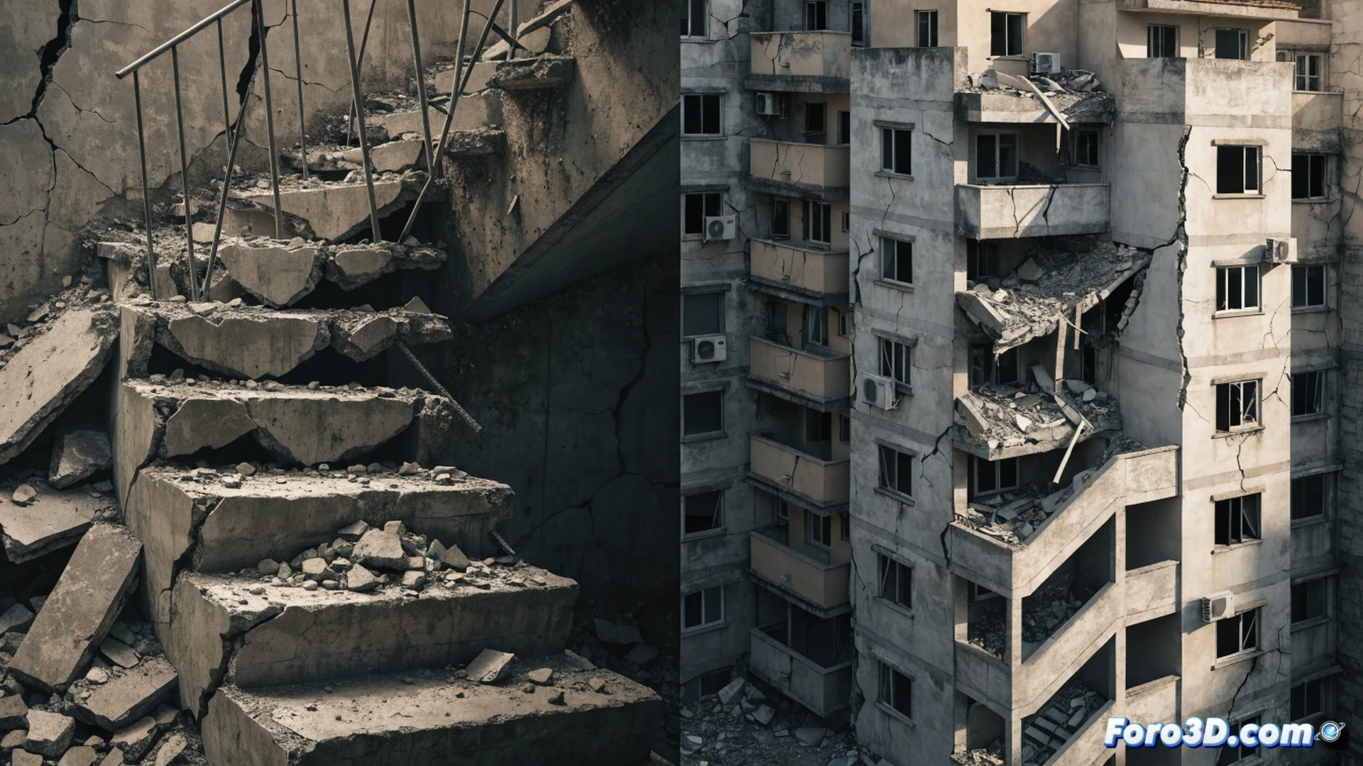 interior de edificio residencial venezolano con escalera de concreto partida diagonalmente, grietas profundas en paredes de bloques expuestos, polvo suspendido en el aire mientras una linterna ilumina vigas de acero dobladas y losas de piso desplazadas, escombros de mampostería desprendidos en el descansillo, barandas metálicas torcidas, cables eléctricos colgando, luz natural tenue entrando por ventanas rotas, estilo cinematográfico hiperrealista, iluminación dramática de emergencia, texturas de hormigón descascarado y óxido, atmósfera de peligro inminente, render técnico de ingeniería forense