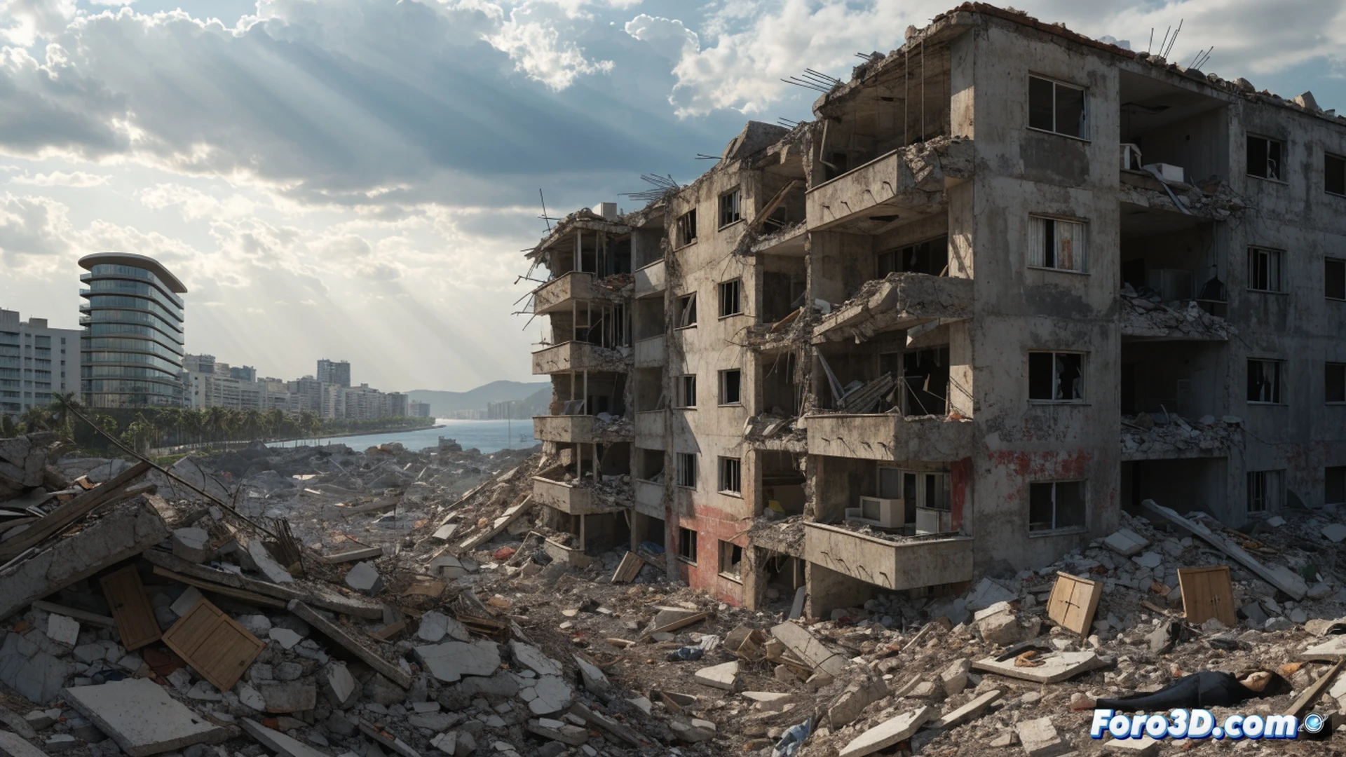 collapsed concrete building in La Guaira, rescue workers lifting debris with hydraulic spreaders and crowbars, broken rebar exposed, dust particles suspended in air, a woman’s handbag and a Canary Islands flag fragment half-buried in rubble, emergency lights casting amber and blue shadows, search dog sniffing near a collapsed staircase, photorealistic cinematic visualization, dramatic low-angle shot, smoke haze, cracked pavement, tension in the scene, ultra-detailed textures of concrete and metal, realistic disaster aftermath lighting