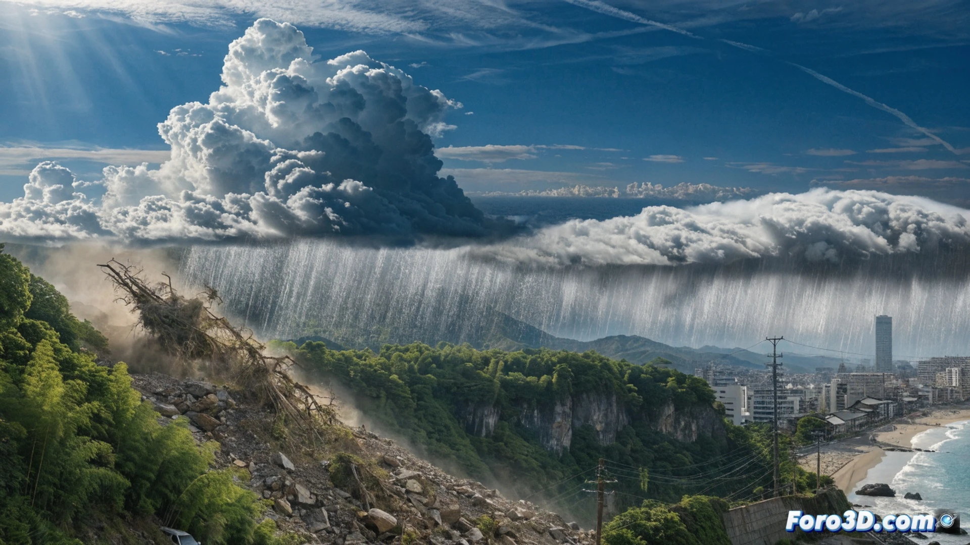 cinematic wide shot of a cracked mountain road in Yamanashi prefecture during heavy rain, saturated soil visibly sliding down a steep slope, a yellow warning sign partially buried in mud, emergency monitoring equipment with blinking red lights on a tripod measuring ground displacement, two distant storm systems approaching over the Pacific horizon, dark cumulonimbus clouds with spiral bands, photorealistic disaster visualization, dramatic overcast lighting, wet asphalt reflecting lightning flashes, mudflow debris scattering across the road, ultra-detailed terrain erosion textures, high-contrast storm atmosphere