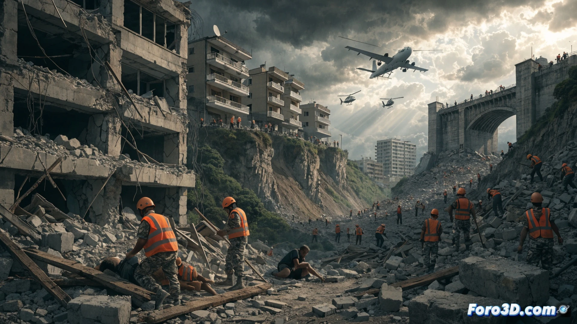 Dos edificios de hormigón colapsados en diagonal, escombros apilados con varillas de acero retorcidas visibles, rescatistas con cascos amarillos y mochilas técnicas usando detectores de vida y cámaras térmicas durante la búsqueda, polvo gris suspendido en el aire, grúas de rescate iluminando la escena con focos LED, fondo de cielo nublado con humo, estilo cinematográfico fotorrealista, iluminación dramática con contraste alto, texturas de polvo y fragmentos de vidrio, sensación de urgencia y acción humanitaria.
