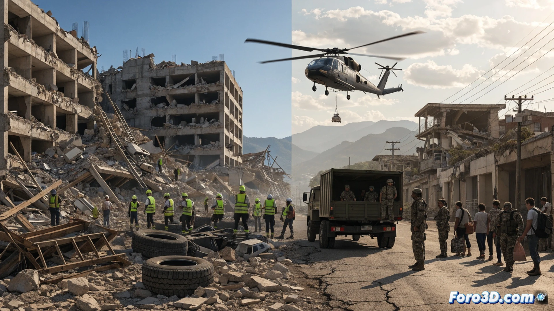 Rescue teams in orange uniforms lifting debris from collapsed concrete structures, military helicopters hovering above with supply crates being lowered by ropes, medical personnel treating injured civilians on stretchers, damaged buildings and cracked roads in background, US military vehicles unloading emergency equipment, photorealistic cinematic wide shot, dramatic overcast sky, dust particles in air, intense rescue lighting from floodlights, realistic textures of rubble and twisted metal, high-detail humanitarian crisis scene, technical illustration style