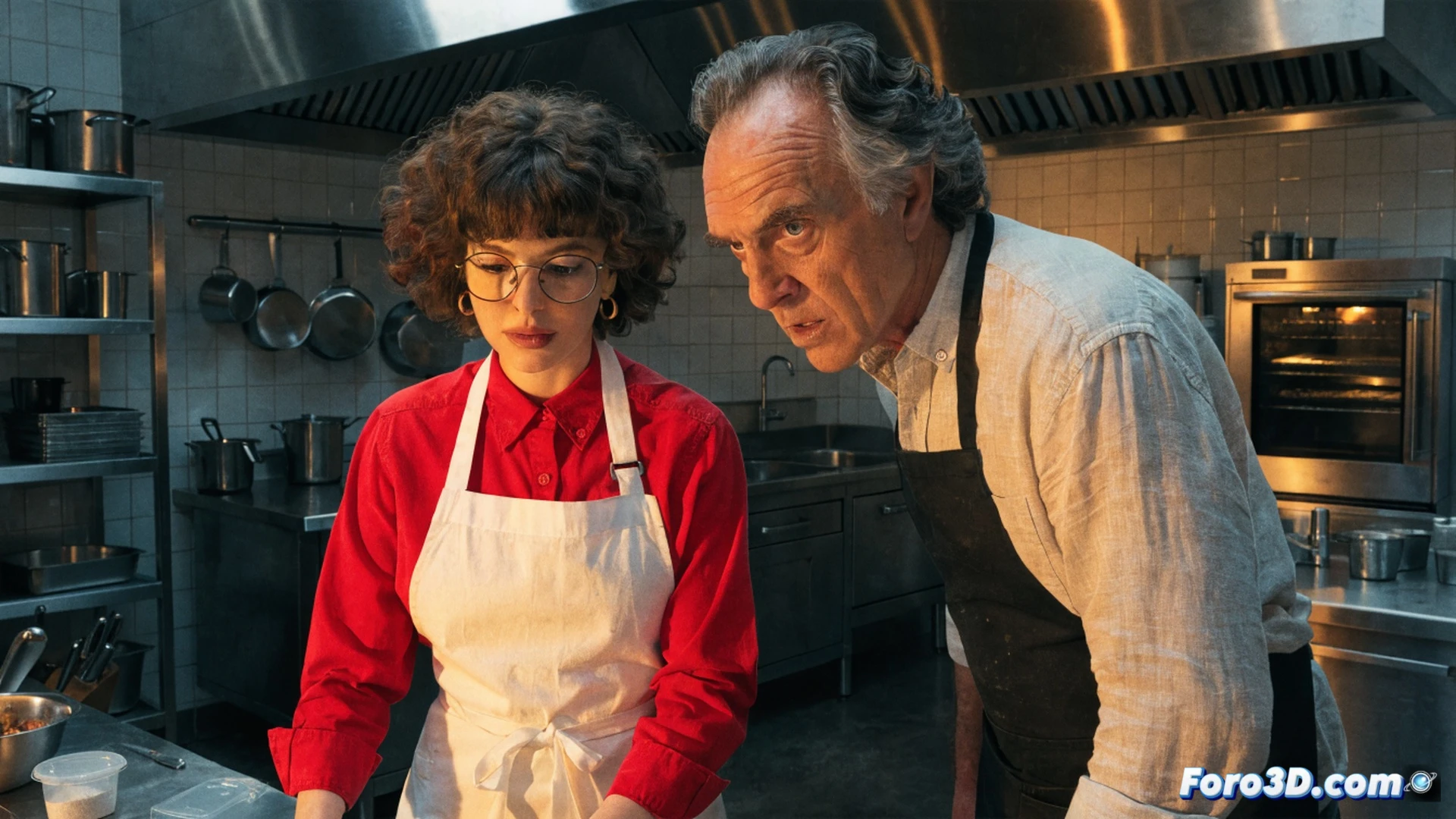 restaurant kitchen chaos during financial crisis, young woman in chef coat typing on tablet computer analyzing profit margins, uncle in suit pointing at receipts while speaking urgently, steam rising from stovetop, open refrigerator door showing stacked cheese blocks, worn wooden cutting board with knife, hanging copper pots, cinematic photorealistic style, warm amber lighting contrasting cool blue from tablet screen, sweat droplets on forehead, grease smears on stainless steel counter, dramatic shadows emphasizing tension, ultra-detailed textures of tile grout and fabric folds