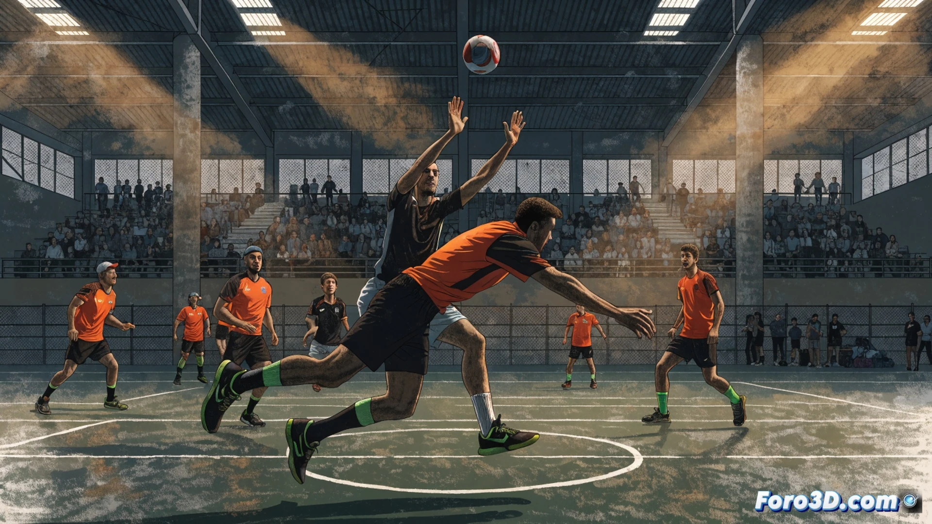 datchball players in action inside a municipal sports pavilion, a player mid-throw launching a soft ball toward opponents, another player diving to dodge while teammates block with raised hands, gymnasium floor with court lines, bright overhead lights illuminating the scene, spectators seated in bleachers watching the match, families visible in the background, photorealistic sports photography style, dynamic motion blur on the ball, sweat droplets frozen in air, vibrant team uniforms in contrasting colors, sharp focus on the central throw action, wide-angle lens capturing the full court and crowd, natural daylight mixing with artificial gym lighting