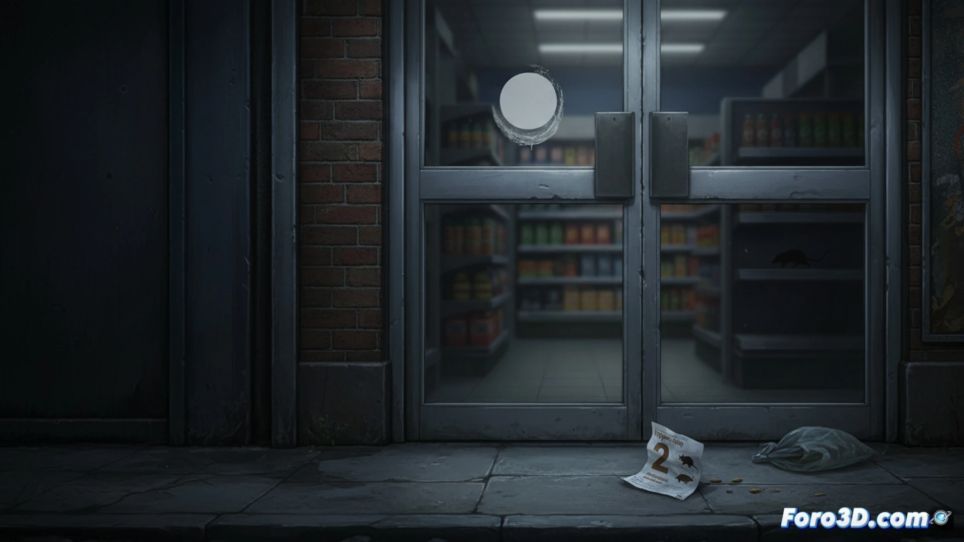 A Tesco Express storefront at night, a single A4 hygiene rating sticker being peeled away from the glass door by a gloved hand, mouse droppings scattered on the floor just inside, a broken pest monitoring device on the counter, surveillance camera angled down, cinematic photorealistic render, dramatic streetlight casting long shadows, gritty urban atmosphere, hyper-detailed dirt on glass, action of concealment captured mid-motion, high-contrast lighting, technical documentation style