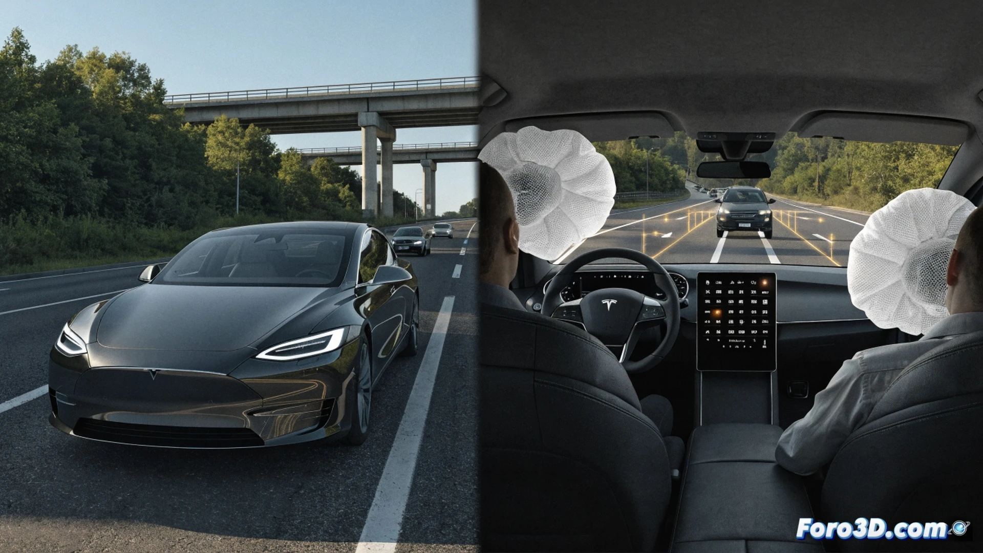 Tesla vehicle side view in crash scenario, multiple onboard cameras detecting an approaching obstacle, real-time neural network processing displayed as glowing wireframe overlays, airbag deployment sequence beginning 70 milliseconds before impact, seatbelt pretensioners activating simultaneously, cinematic engineering visualization, photorealistic automotive safety render, high-speed motion blur, dramatic amber and blue lighting from camera sensors and dashboard displays, ultra-detailed interior with airbag unfolding mid-process, crushed front bumper milliseconds from collision, technical illustration style with transparent body panels showing internal safety systems