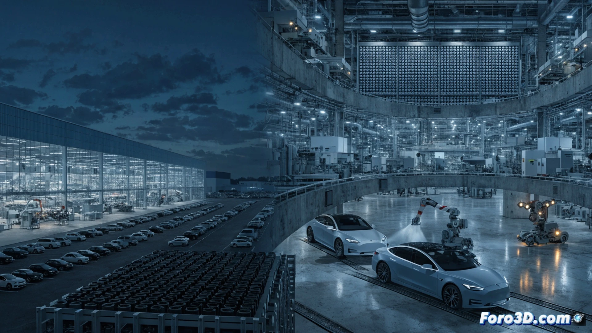 Tesla Gigafactory Berlin-Brandenburg expansion scene, robotic assembly arms installing battery packs into Model Y bodies on moving production line, workers in cleanroom suits programming automated guided vehicles, welding sparks illuminating chassis frames, conveyor belt flowing with drivetrain components, digital production dashboard displaying weekly output target of 7500 units, cinematic engineering visualization, photorealistic industrial lighting, blue electric arcs, metallic reflections, dynamic motion blur, ultra-detailed mechanical precision, futuristic factory atmosphere