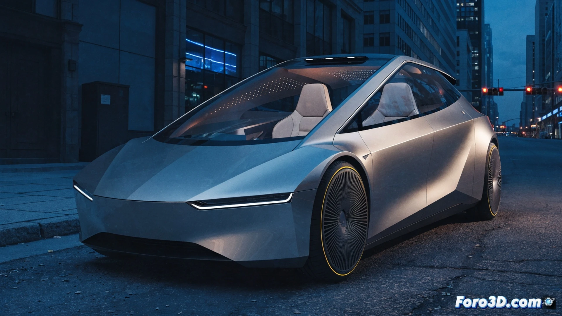 Tesla Cybercab interior desprovisto de volante y pedales, dos asientos minimalistas en cabina vacía, pantalla central mostrando mapa de navegación autónoma, puertas abiertas revelando batería ultrafina bajo el piso, ingenieros revisando chasis ligero de aluminio en línea de producción, brazos robóticos ensamblando sensores en techo, luces LED azules iluminando proceso de fabricación, estilo cinematográfico industrial, render fotorrealista, texturas metálicas pulidas, sombras dramáticas, alta definición técnica.