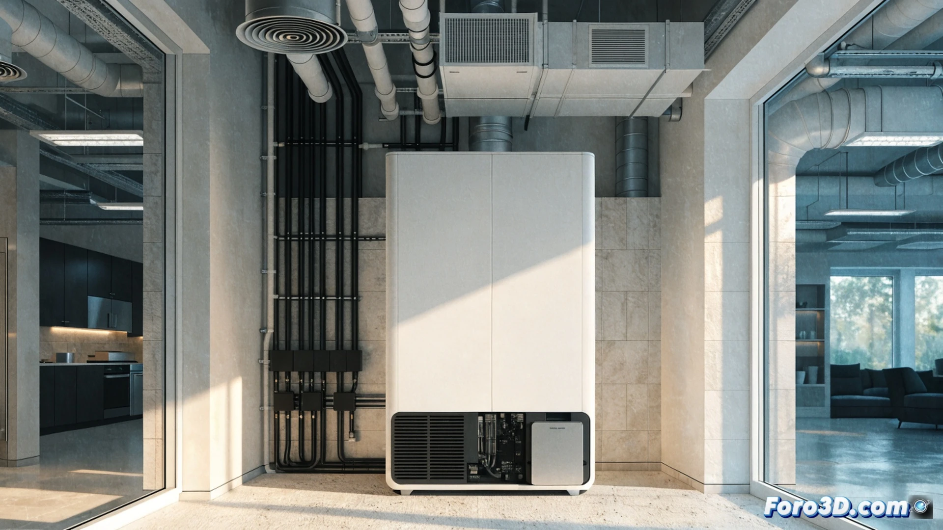 Modern home energy wall unit installation, technician mounting a sleek white Tesla Powerwall 3 on a wall, integrated hybrid inverter visible inside the open front panel, simplified wiring harness with no cable clutter, glowing status LED on the unit, home electrical panel in background with neatly organized breakers, photorealistic technical illustration, bright clean interior lighting, detailed plastic casing texture, copper bus bars and cooling fins visible, realistic shadow casting, cinematic wide-angle shot, demonstrating the all-in-one compact design