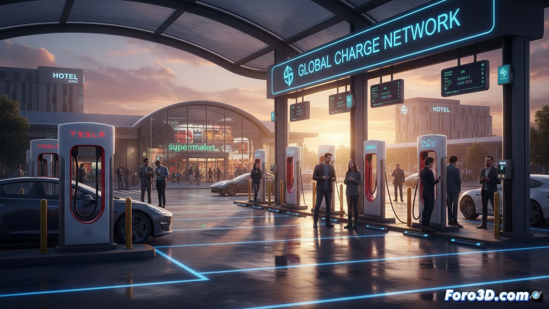 photorealistic scene of a modern supermarket parking lot, a Tesla Supercharger station being installed by two technicians in work vests, one holding a tablet displaying charging data while the other connects high-voltage cables to a branded charging pedestal, a hotel and a gas station visible in the background with similar chargers, electric vehicle plugged in with illuminated port, concrete pads with wiring conduits, sleek metallic enclosures, cinematic technical visualization, bright daylight, clean industrial aesthetic, realistic infrastructure details