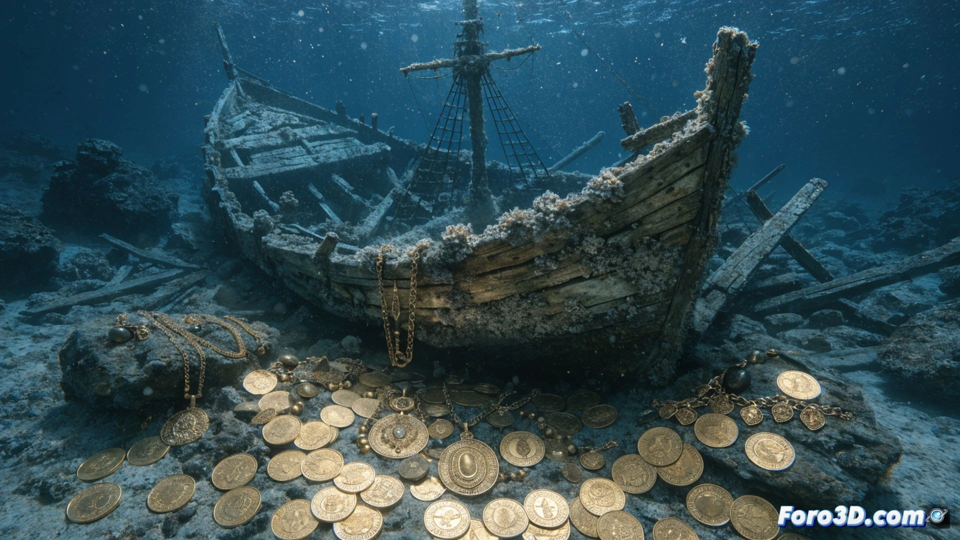 Sunken 17th-century Dutch merchant ship on seabed, wooden hull partially buried in sand, scattered gold coins and jewelry glowing faintly in murky water, marine archaeologists in diving gear examining a chest with open lid, sediment particles floating, underwater lighting from diver lamps, technical illustration style, detailed ship timbers and iron fittings visible, photorealistic underwater scene, dramatic shadows and light rays filtering through surface, historical artifact recovery process shown