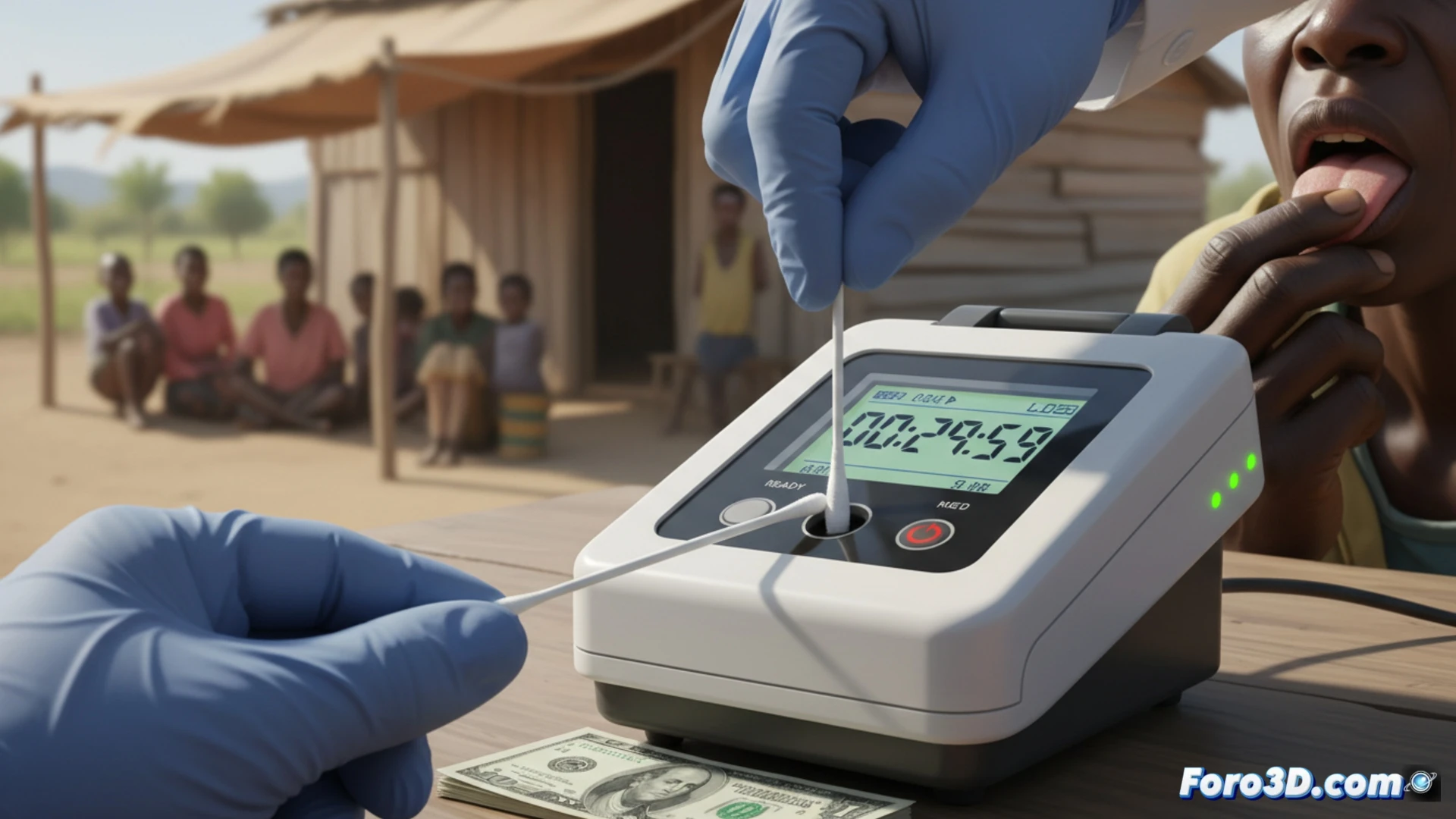 healthcare worker in rural clinic holding portable diagnostic device with tongue swab sample inserted, small screen displaying tuberculosis test result countdown timer at 30 minutes, patient opening mouth while swab is demonstrated, compact white plastic device on wooden table next to cost label symbol, technical illustration style, clean clinical lighting, medical equipment detail, photorealistic render, shallow depth of field focusing on swab insertion process