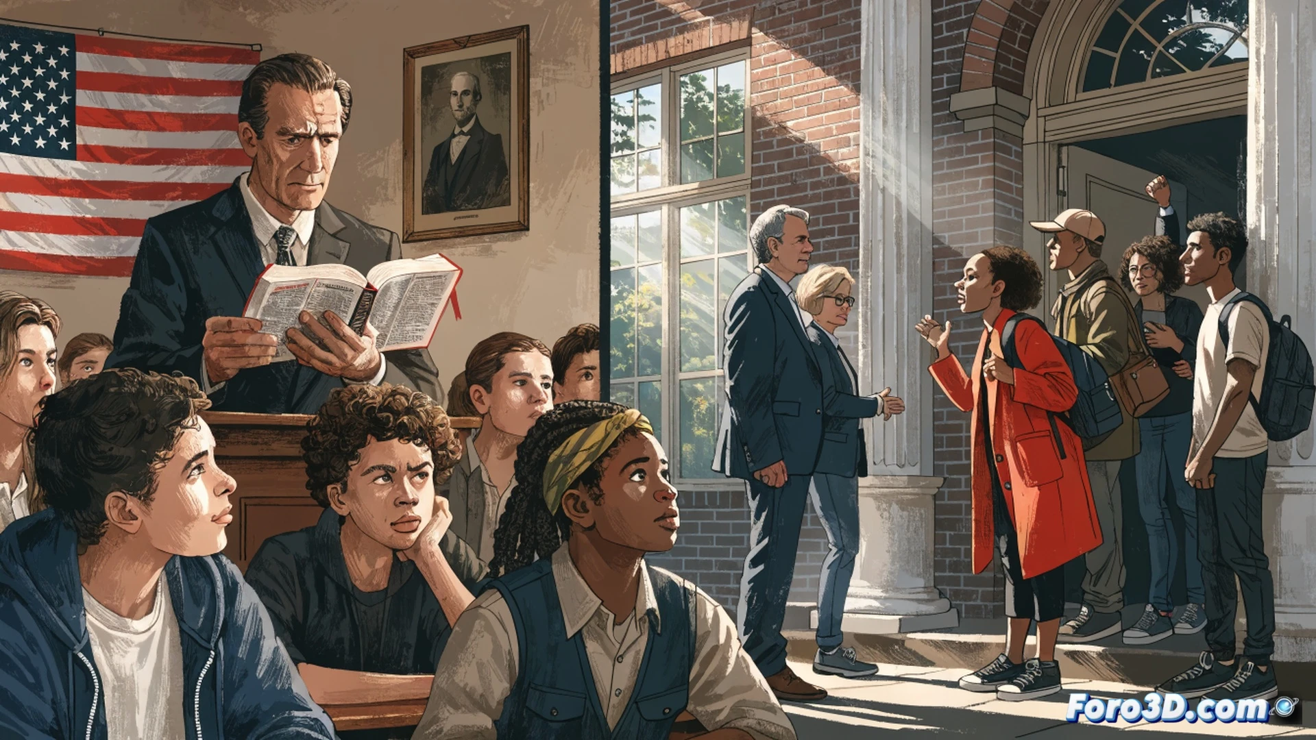 classroom interior with large open Bible on teacher desk, Genesis page visible, sunlight casting cross-shaped shadow across wooden floor, diverse students seated at desks watching teacher point to whiteboard with ancient scroll illustration, one student holding hand over heart, another looking skeptical, American flag in corner, photorealistic educational scene, warm institutional lighting, polished linoleum floor reflecting fluorescent ceiling lights, detailed textbook textures, civic classroom atmosphere, neutral color palette with blue and beige tones