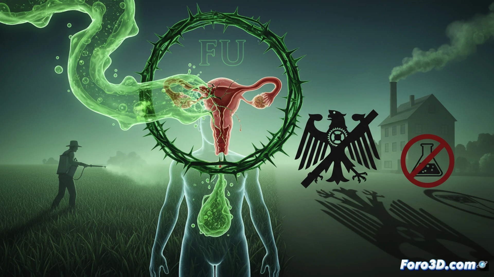 cinematic technical illustration of a transparent human torso showing reproductive system with glowing blue chemical particles accumulating in organs, a laboratory flask labeled TFA dripping into a water cycle diagram, agricultural sprayer releasing fine mist over crops, industrial heating pipes leaking droplets into soil, molecular structure of PFAS chain floating above, dramatic dark background with green and blue toxic lighting, photorealistic medical visualization, detailed anatomical structures, warning atmosphere, ultra-realistic render