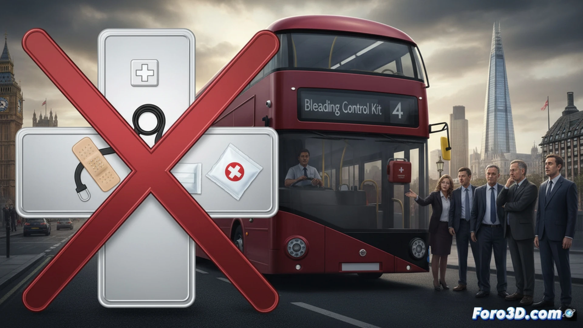 Un autobús rojo de Londres con un cartel que dice 'NO A KITS DE SANGRE' en la puerta, reflejando el rechazo de TfL.