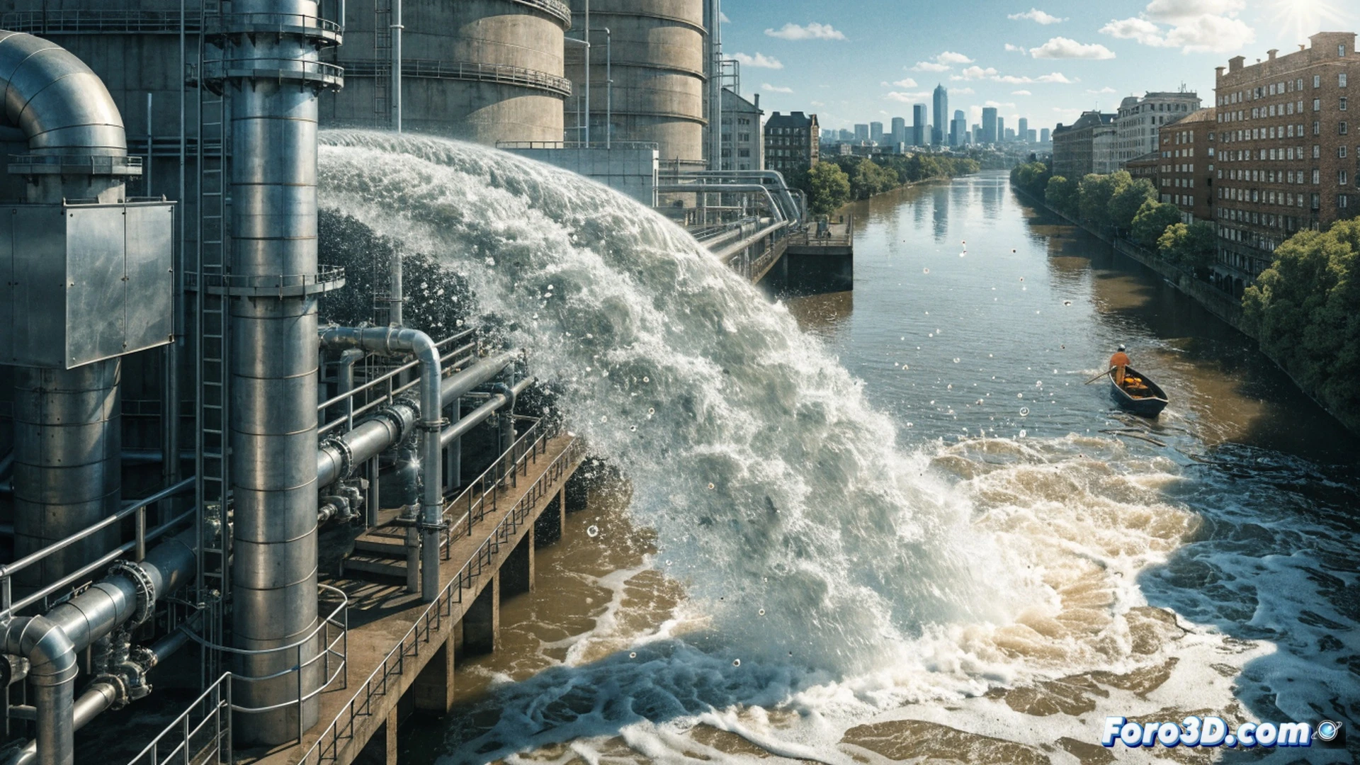 Thames Water treatment plant releasing treated wastewater into the Thames river, large concrete outflow pipe pouring murky water while citizen activists hold protest signs on the riverbank, chemical engineers examining water samples near a filtration system, micropollutants visualized as faint glowing particles escaping into the water, realistic environmental engineering visualization, overcast London sky, wet industrial surroundings, dramatic contrast between clean river sections and polluted discharge plume, photorealistic technical render